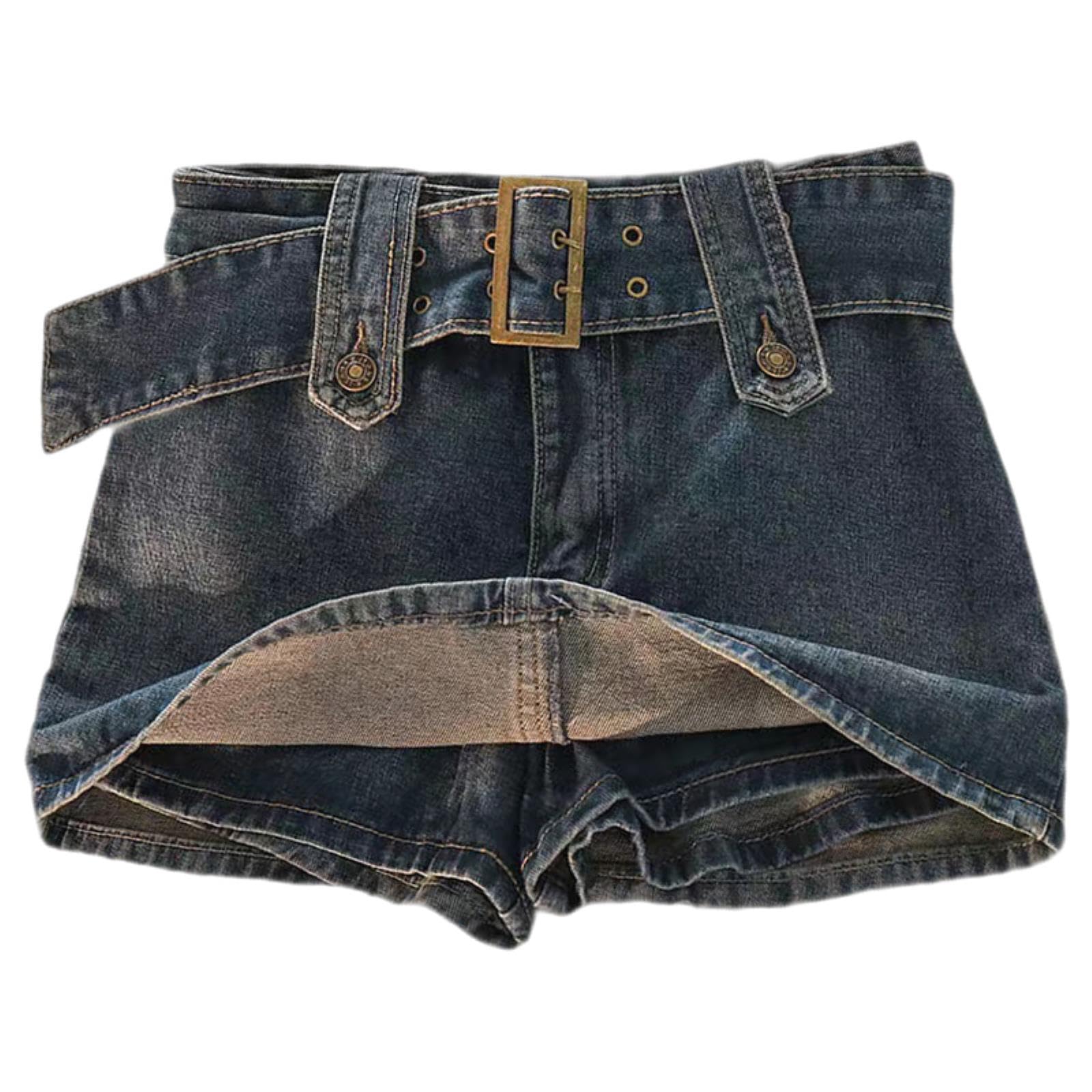 FRESQA Y2K Vintage Women Korean Button Belted Short Denim Mini Skirts Aesthetic Fairy Grunge High Waiste Jeans A-line Skirt Alt Clothes