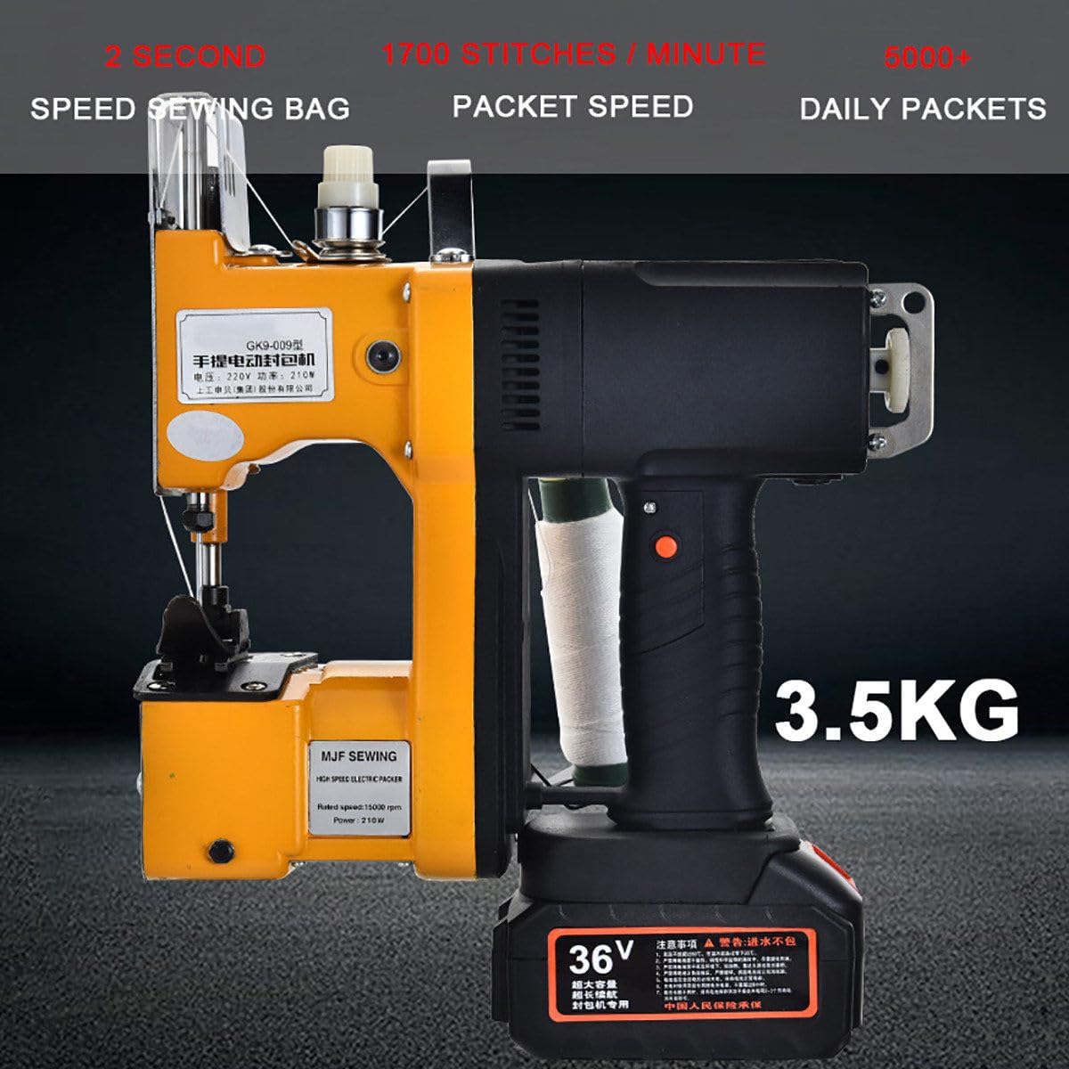 Máquina Cerrar Coser Bolsas 210W Automática Portátil para Sacos Alimentación Yute Semillas Vinilo Arroz Tela, Corte Hilo Automático, Paso Aguja Ajustable, Herramienta Manual