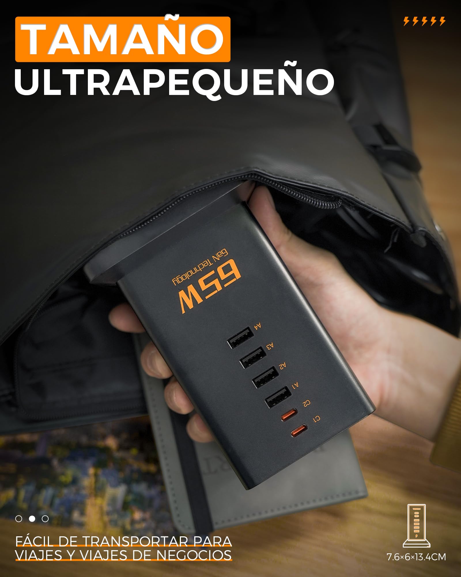 TESSAN Cargador USB C, PD 65W GAN Cargador, USB Estacion de Carga con 6 Puertos y 2 Enchufes, Estación de Carga con Cable de 2M para teléfono y Pad, Portátil Adaptador para Oficina
