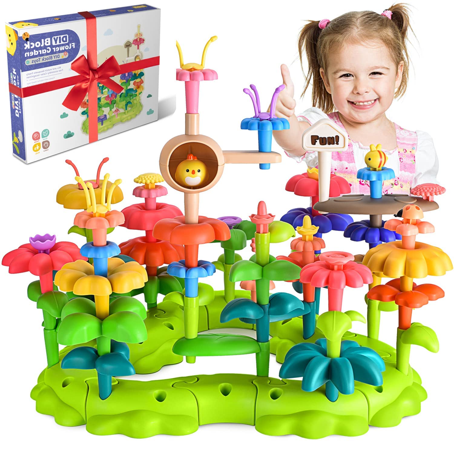 Flower Garden Building Toys Set Toddler Girl Toys Stacking Game Educational Stem Toy Preschool Toys Stacking Game Pretend Playset for Toddler Girls 2 3 4 5 6 Year Old