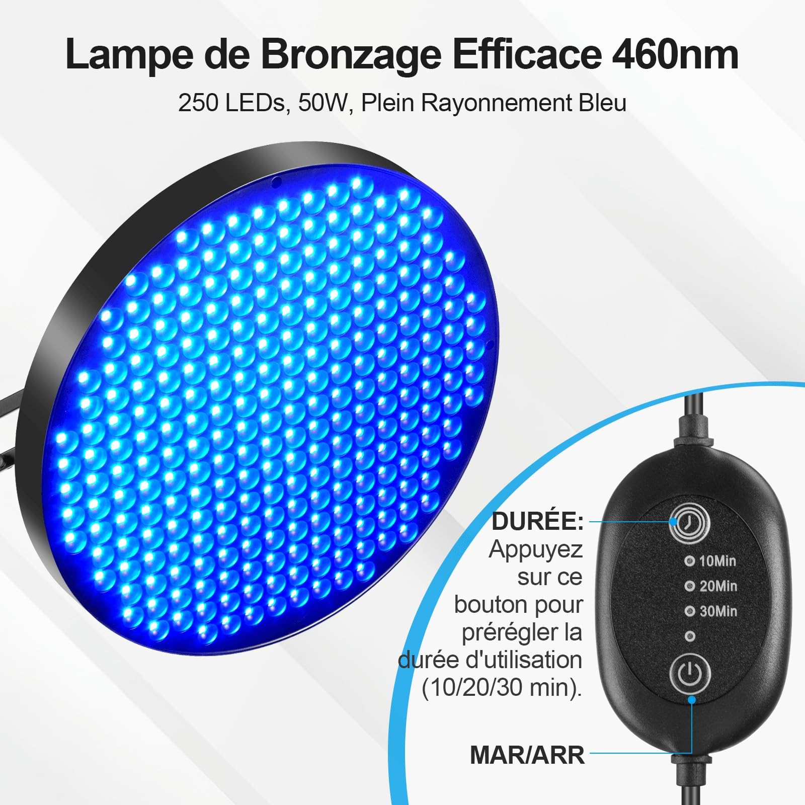 Lampe de Bronzage 50W Solarium Visage Corps 250 LEDs Support Réglable UV avec Protection des Yeux Bleu