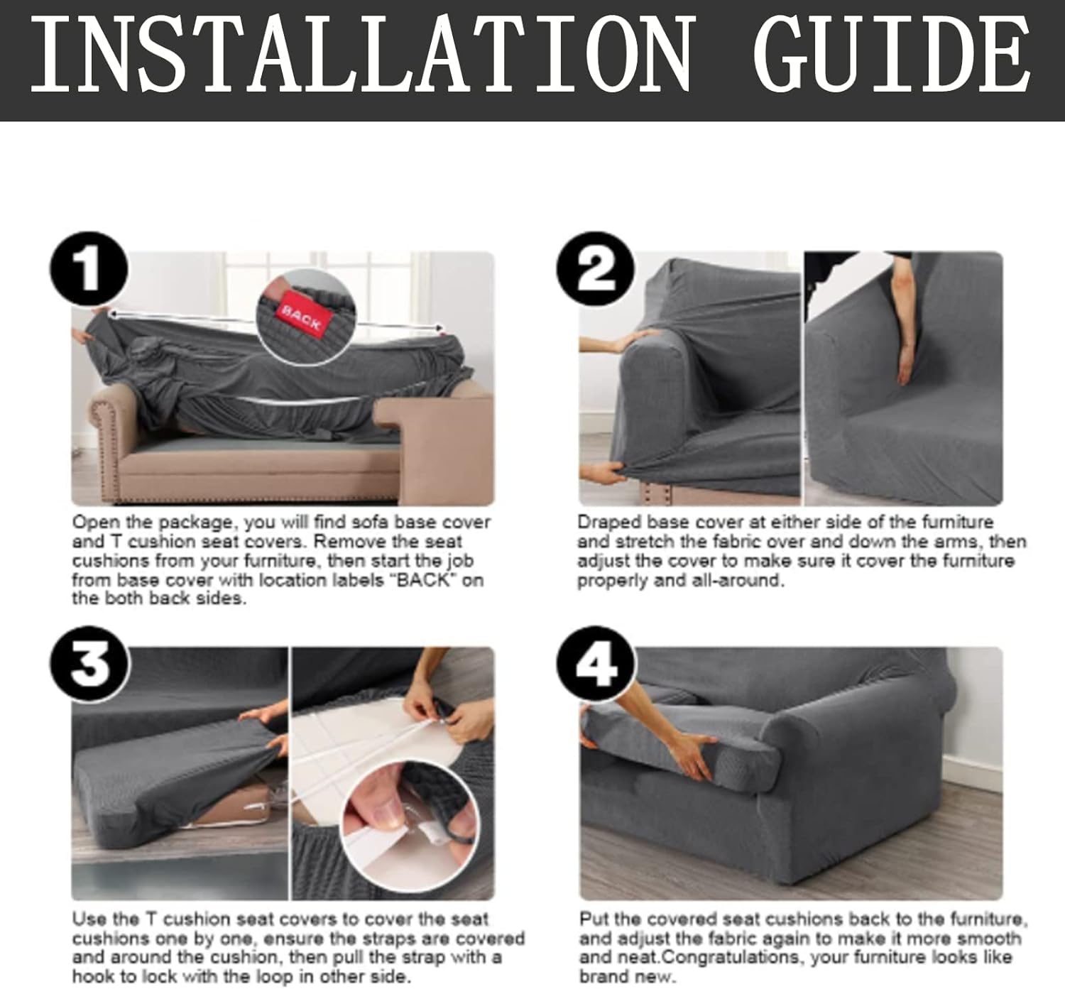 2-Piece T-Cushion Chair Slipcover Set – Stretch Sofa Cover for T-Cushion Armchairs & Chairs (Fits Width Up to 47") – Washable Furniture Protector with T-Shaped Seat Cover (Grey, Chair)