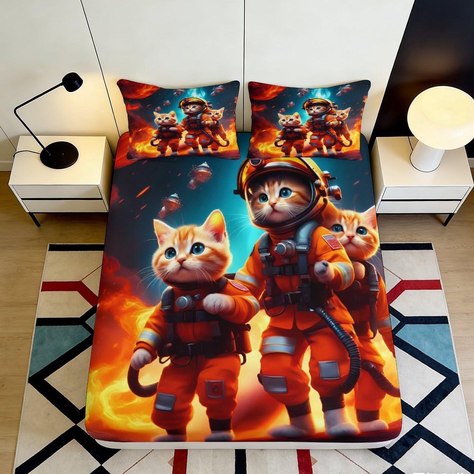 Pnayamiorkfel Style-8 3D Printed Astronaut Cat Fitted Sheet Microfiber Vibrant Orange Firefighter Bed Cover Bedroom Decor Anti-Slip Washable 90X200x25cm
