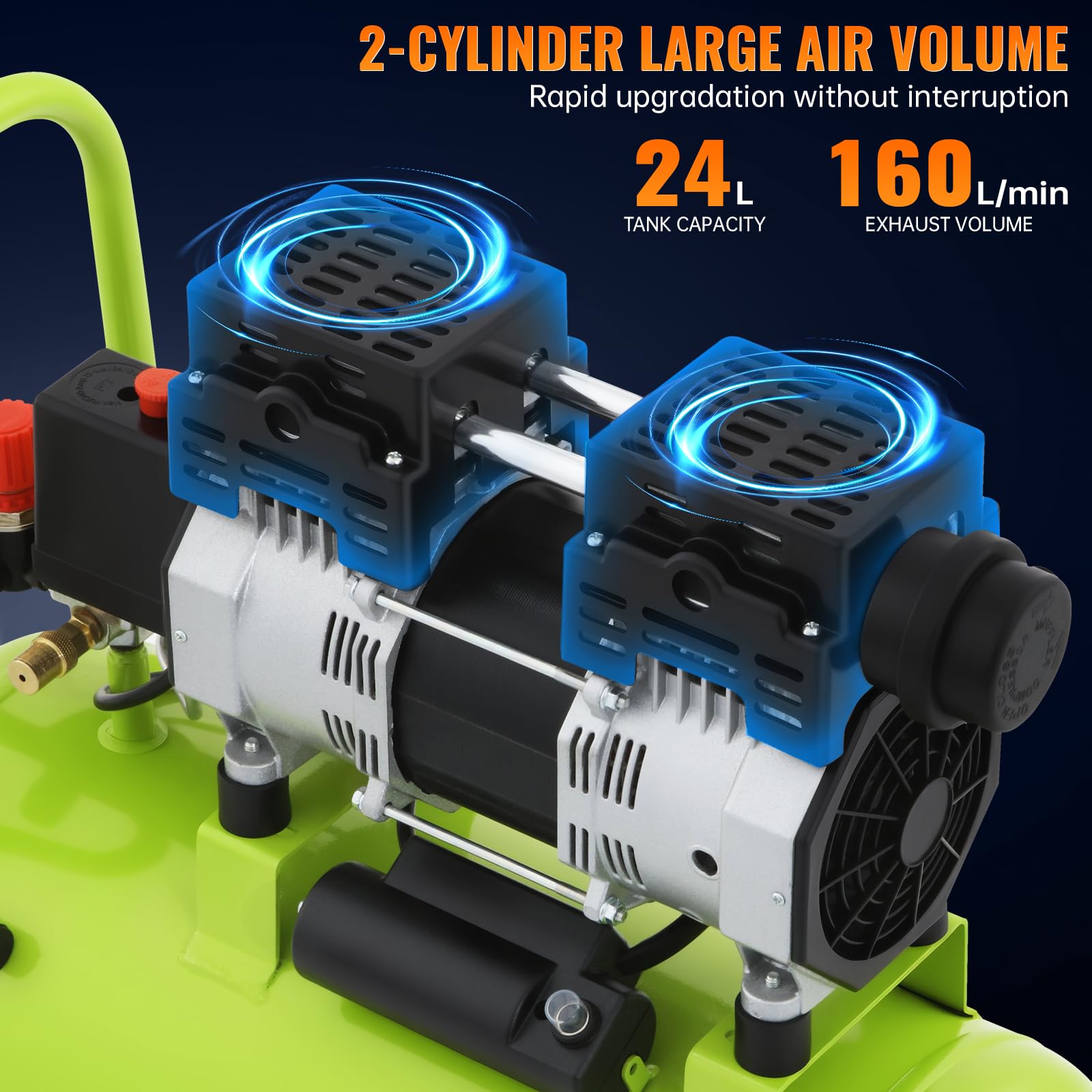 Compressore Silenzioso Oil-Free 24L, Compressore d'Aria Rumorosità 75 dB, Pressione Massima 8 Bar, Potenza 750W 160 L/Min, Pressione regolabile Raffreddamento rapido per automobili e verniciatura