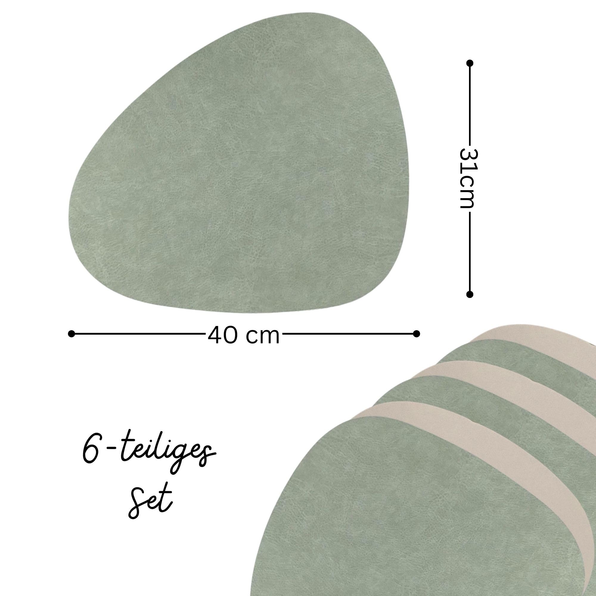 Platzset Kunstleder oval, Wendbares Tischset abwaschbar, Modernes Platzdeckchen, Tischunterlage Nierenform (Salbei/Beige, 6 Stück Platzsets)