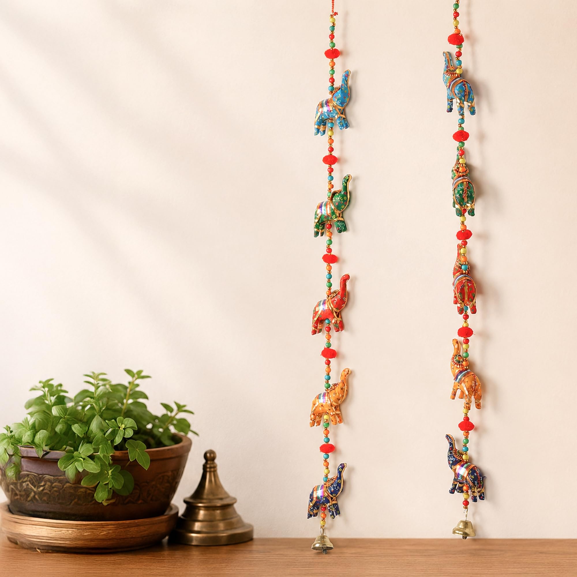 Habere India-All the Cultures Fabricating India Rajasthani Wooden Elephant Door Hanging Set of 2 | Handcrafted Gota Patti Wall Hanging | Ethnic Home Decor | Diwali Gift (Design03: L7 x W3 x H85 cm)-picture-22