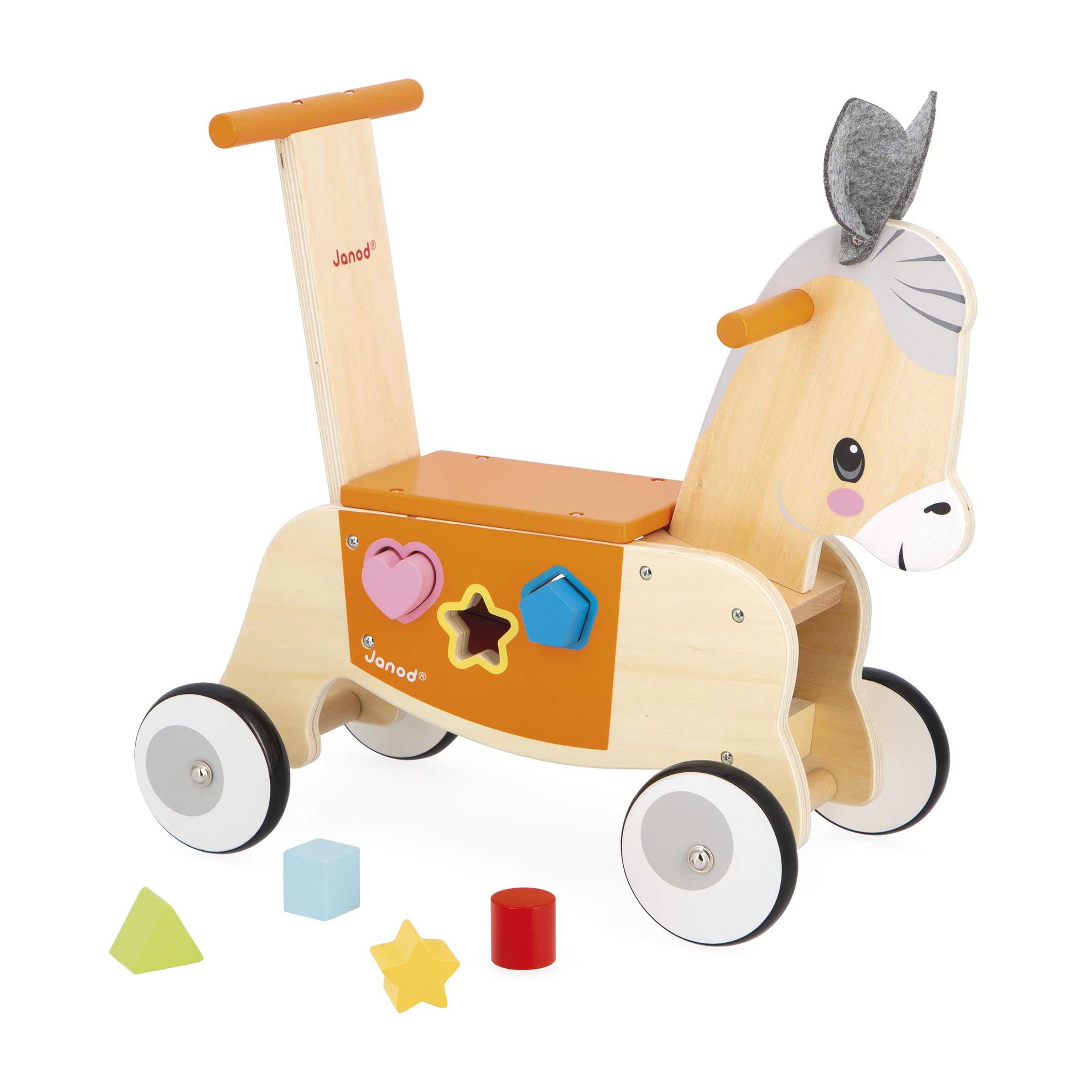 Janod - Wooden Donkey Ride-On with Integrated Shape Sorter - Walker Function - Silent Wheels - Balance and Motor Skills Learning - Wooden Early Learning Toy - from 12 Months J03325