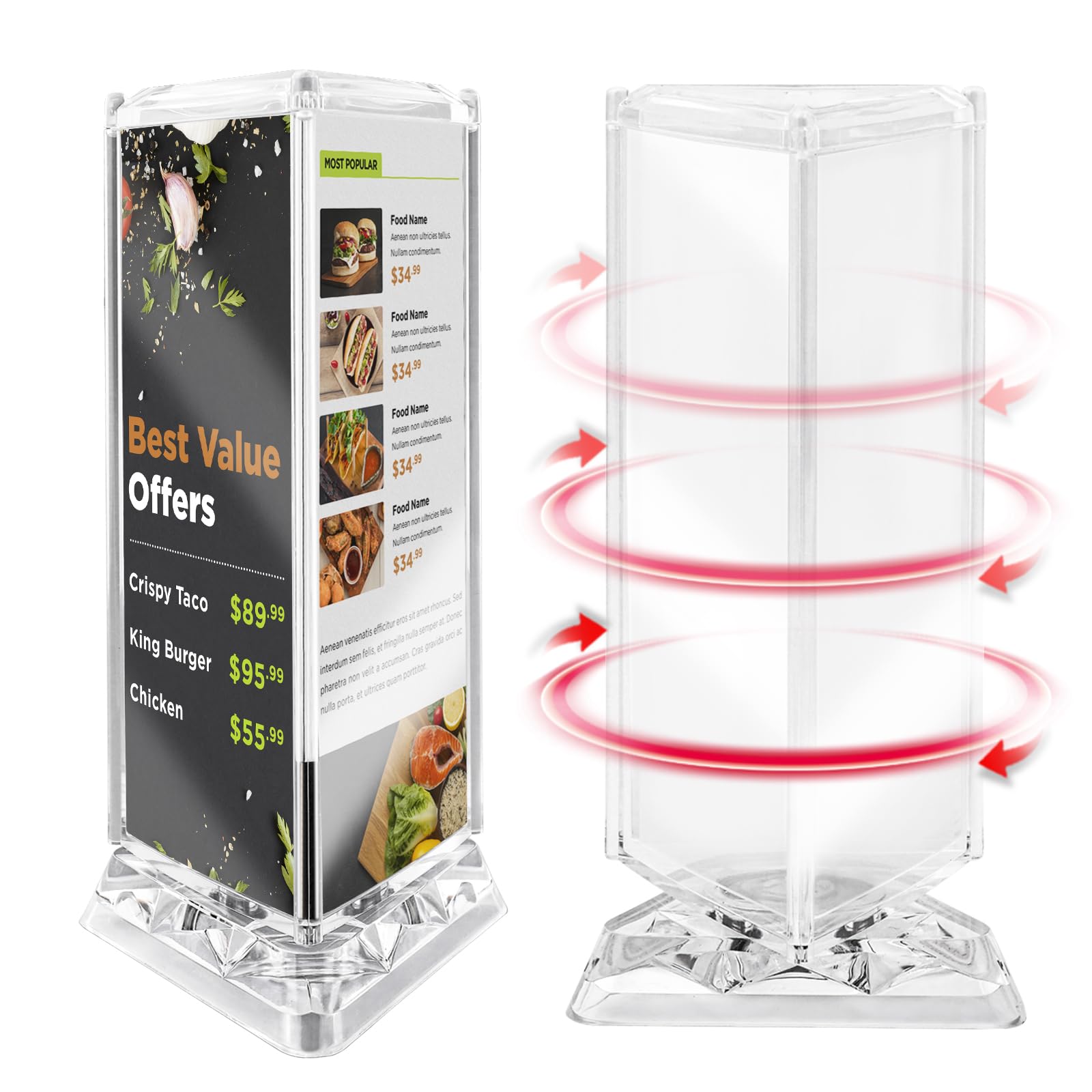 Rotating Acrylic Sign Holder with 3 Side for Restaurant Coffee Menu Clear Tabletop Holders fit 7x3“ x3 Page