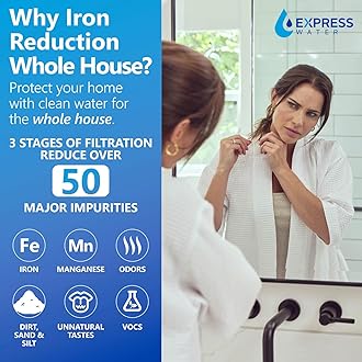 Express Water Whole House Water Filter System | IRON & MANGANESE | 3 Stage Full Home Filtration, Top-Tier Filters Removes Stains/Color on Glass-Ware, Fixtures, Laundry, Signf. Reduces Lead & Arsenic