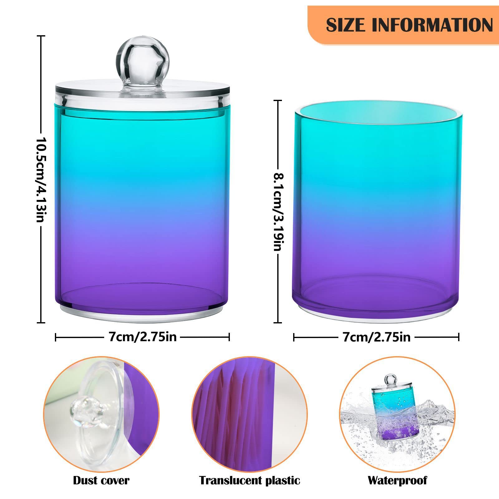 Bright Turquoise Purple Qtip Dispenser Apothecary Jars Bathroom Qtip Holder Storage Canister Plastic Jar 10 Oz for Cotton Ball Swab Round Pads Floss 2pcs