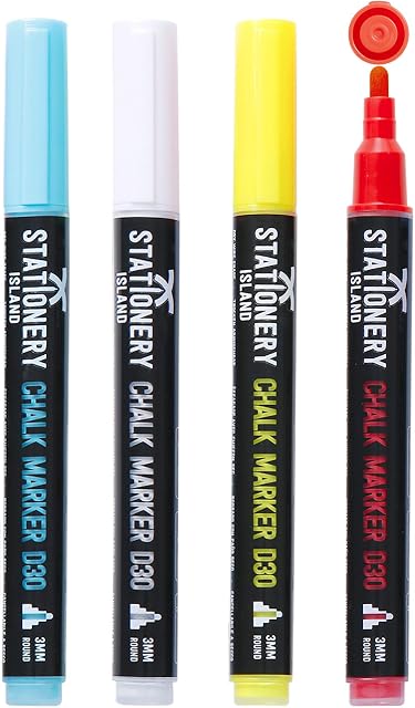 STATIONERY ISLAND Liquid Chalk Pens Markers for Whiteboard Dry Erase Chalk Marker Pens Wipeable for Blackboard, Chalkboard, Window, Glass, Signs and Mirrors - 3mm Bullet Nibs (Coloured Pack of 4)