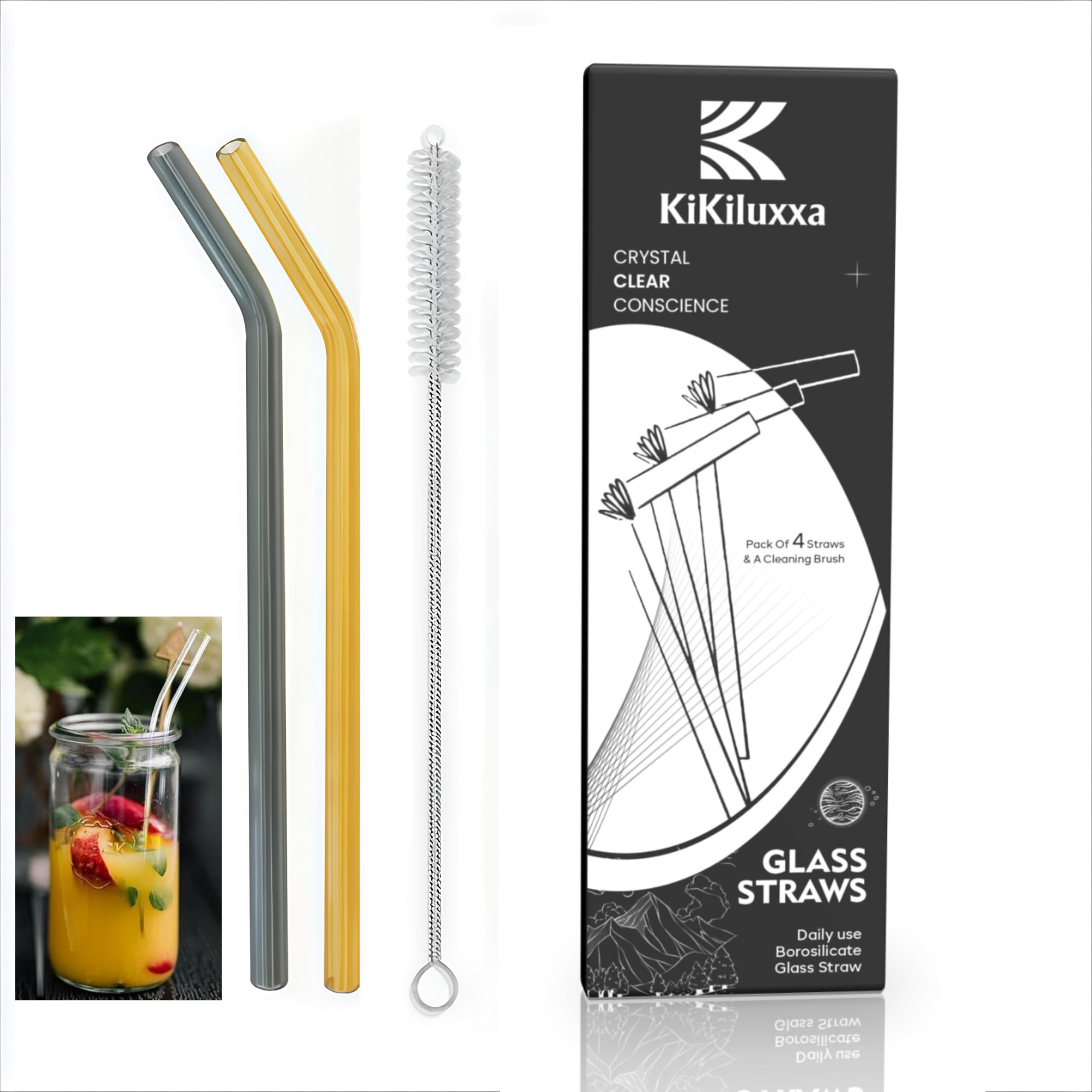 KiKiluxxa Glass Straws with Cleaning Brush -4 Multicolour Straws & 1 Cleaner - Pack of 5pcs- Clear Reusable, Elegant Alternate to for Drinking Juice, Smoothie - 7 inch Straw Length (WZ4+1) - Image 9 thumbnail