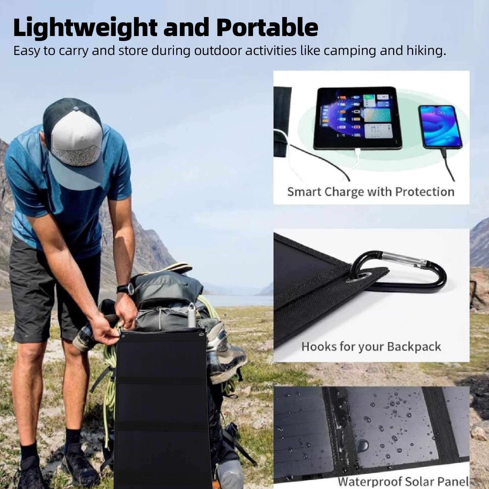 Foldable Solar Panel, Lightweight Portable Solar Suitcase, 40W 5V Fast Charging USB and Type C Monocrystalline Silicon Waterproofing Folding Charger for Outdoor Camping