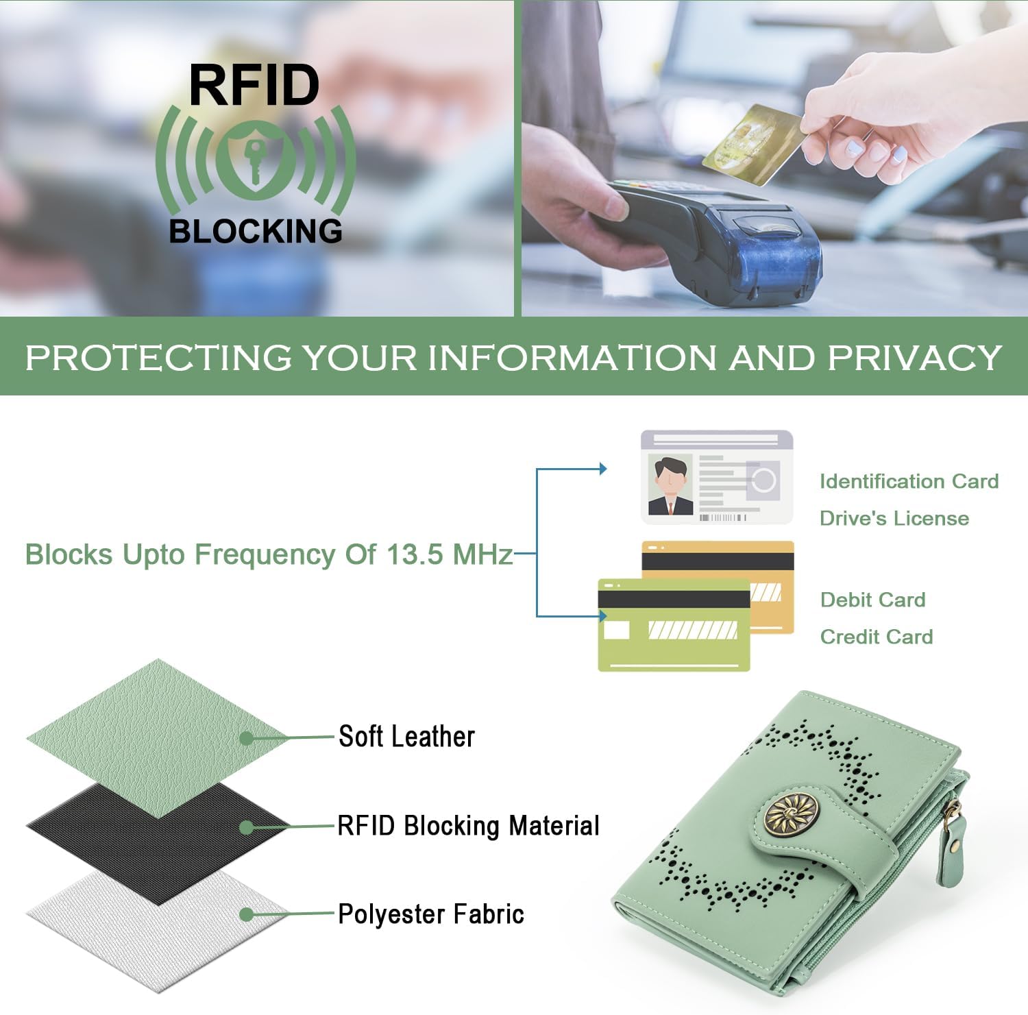 Small Wallets Woman Leather 2 ID Windows Bifold RFID Blocking Credit Card Holder Wallet with Zipper Coin Pocket - Image 4