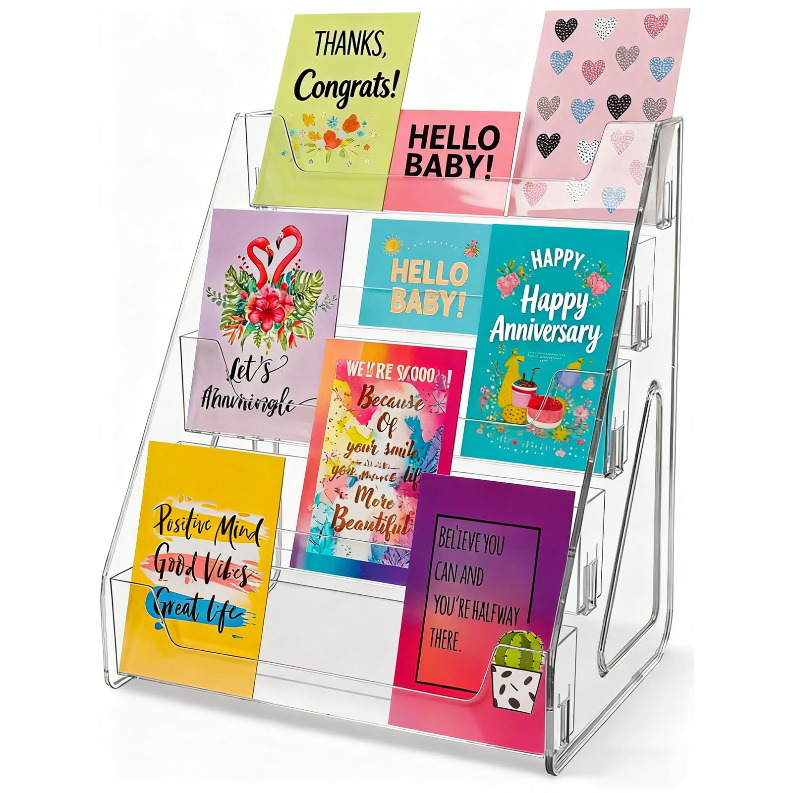 RONGJUKD 5-Tier Clear Card Display Stand, Tool-Free Assembly Anti-Shake Riser Rack Shelf for 5x7 Greeting Card,Sports Trading Cards,CDs & Badges,Cosmetics,Nail Polish, Essential Oils