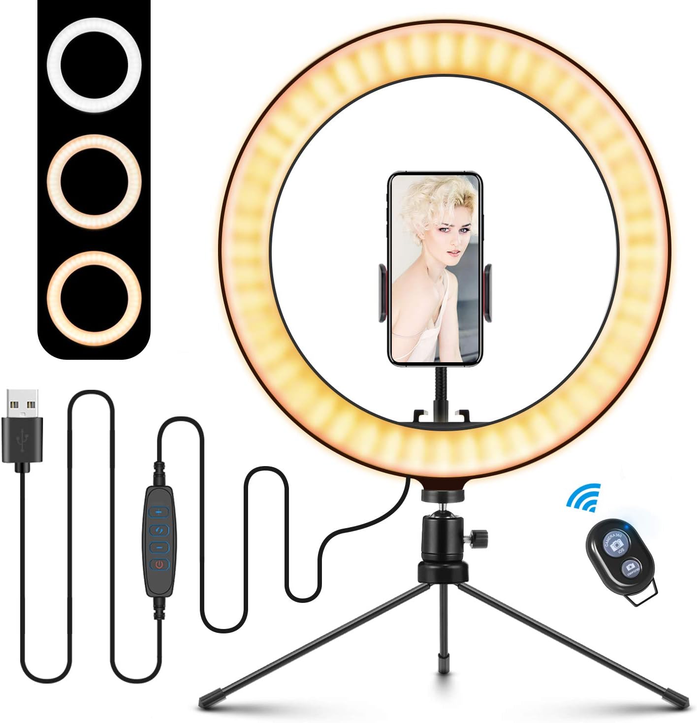 Anneau Lumineux LED 10" Avec Trépied Et Télécommande - Lampe Selfie Pour TikTok, YouTube Et Streaming, 3 Couleurs & 11 Niveaux