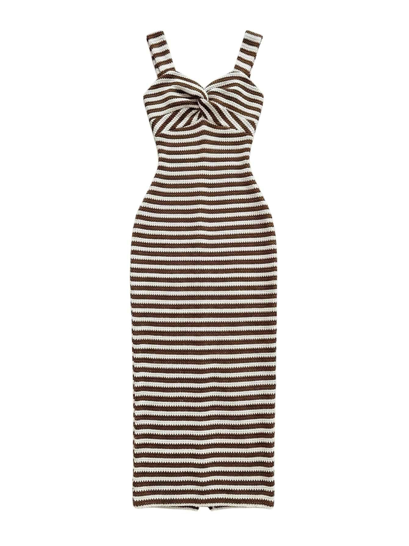 Verdusa Women's Striped Textured Sleeveless Tank Dress Twist Split Maxi Bodycon Dresses Brunch Outfits Sleeveless