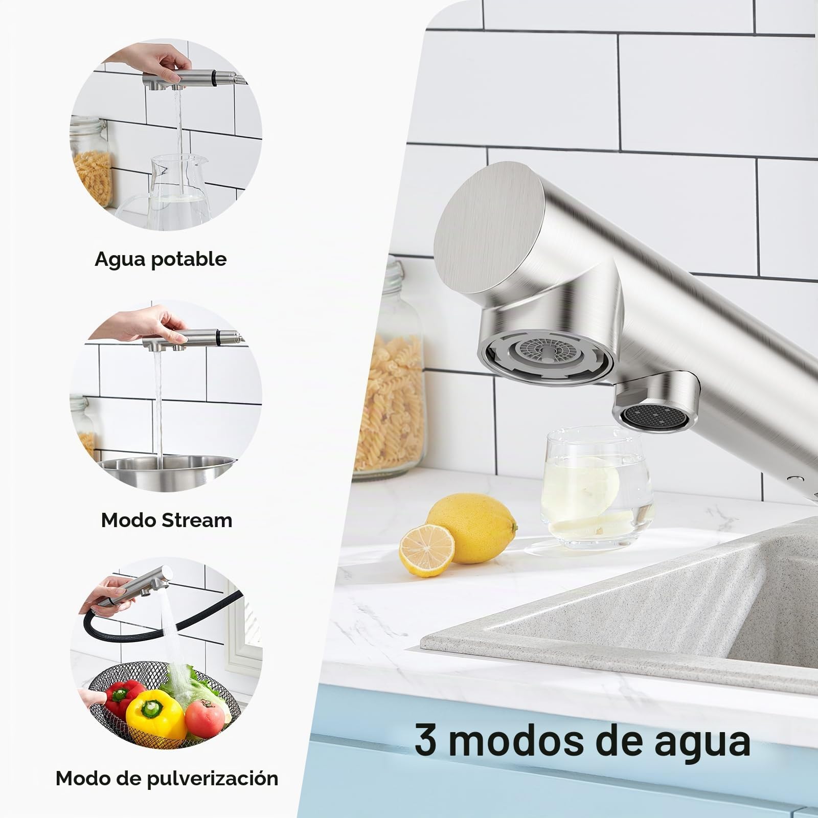 Faustina Grifo de cocina de 3 vías con ducha extensible acero inoxidable