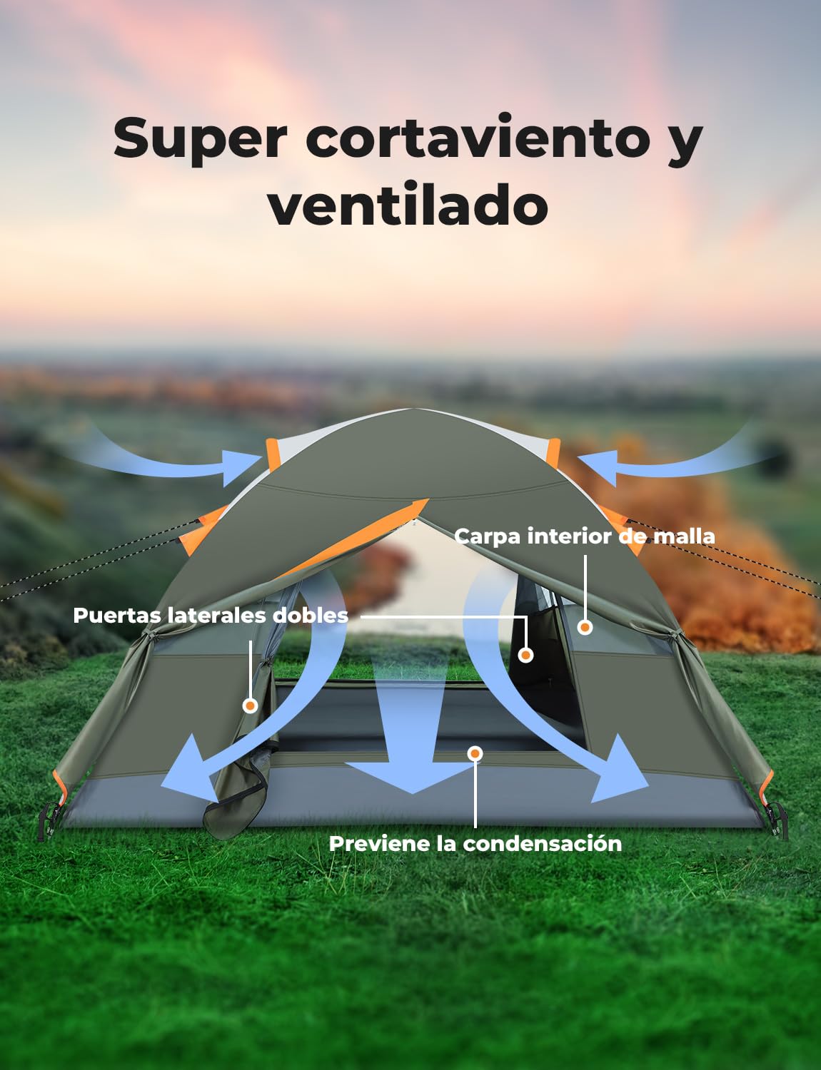 Tienda de Campaña 2-3 Personas Impermeable a Prueba de Viento Doble Capa Portátil Ultraligera