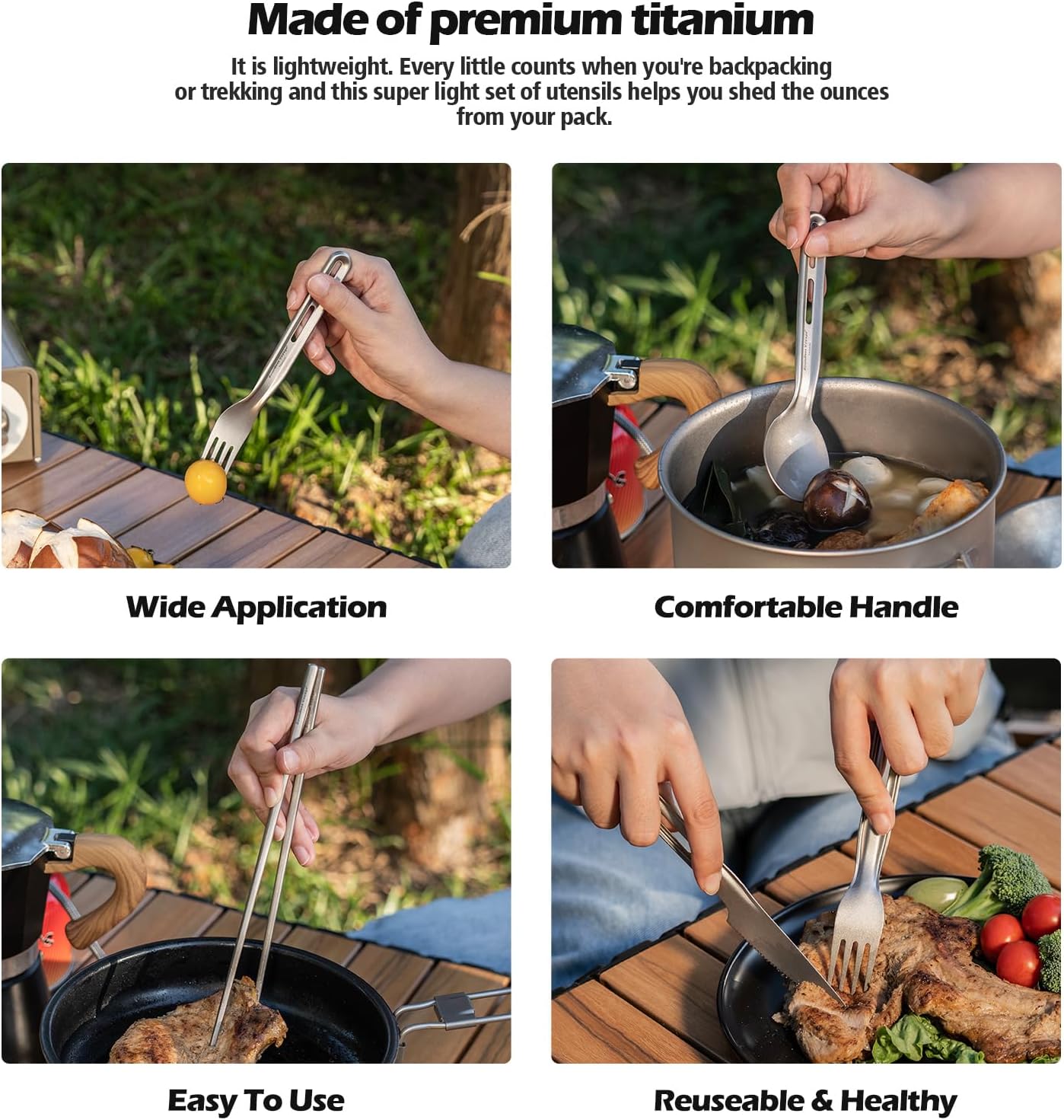 Boundless Voyage Titanium Camping Flatware Portable Travel Utensils Reusable Utensils Set with Carry Bag for Camping, Office, School Ti1125T