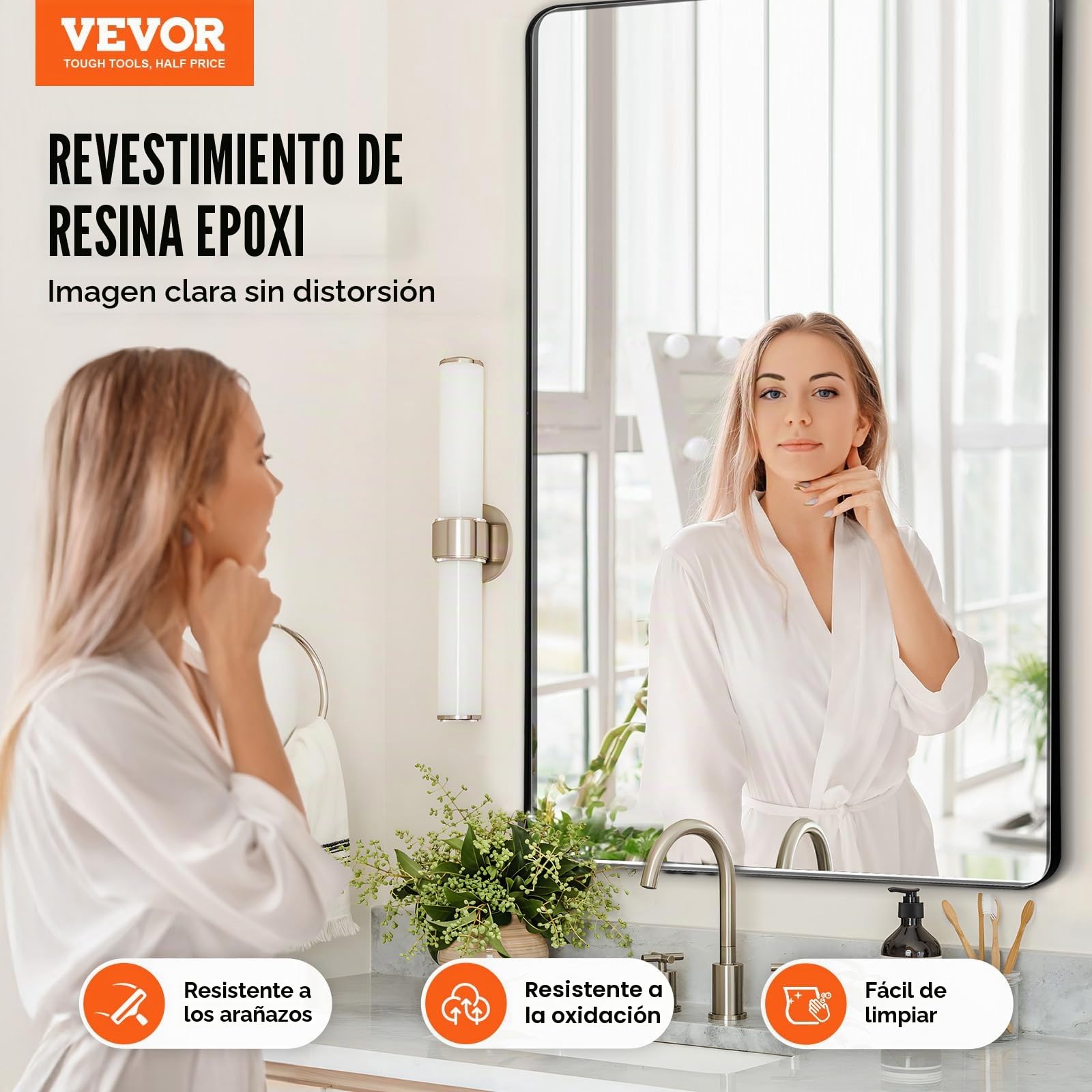 VEVOR Espejo de Pared Espejo de Maquillaje Espejo de Baño 1016 x 762 x 25 mm Espejo Rectangular Marco de Aleación de Aluminio Negro con Soporte en Forma de Z para Baño Dormitorio Sala de Estar