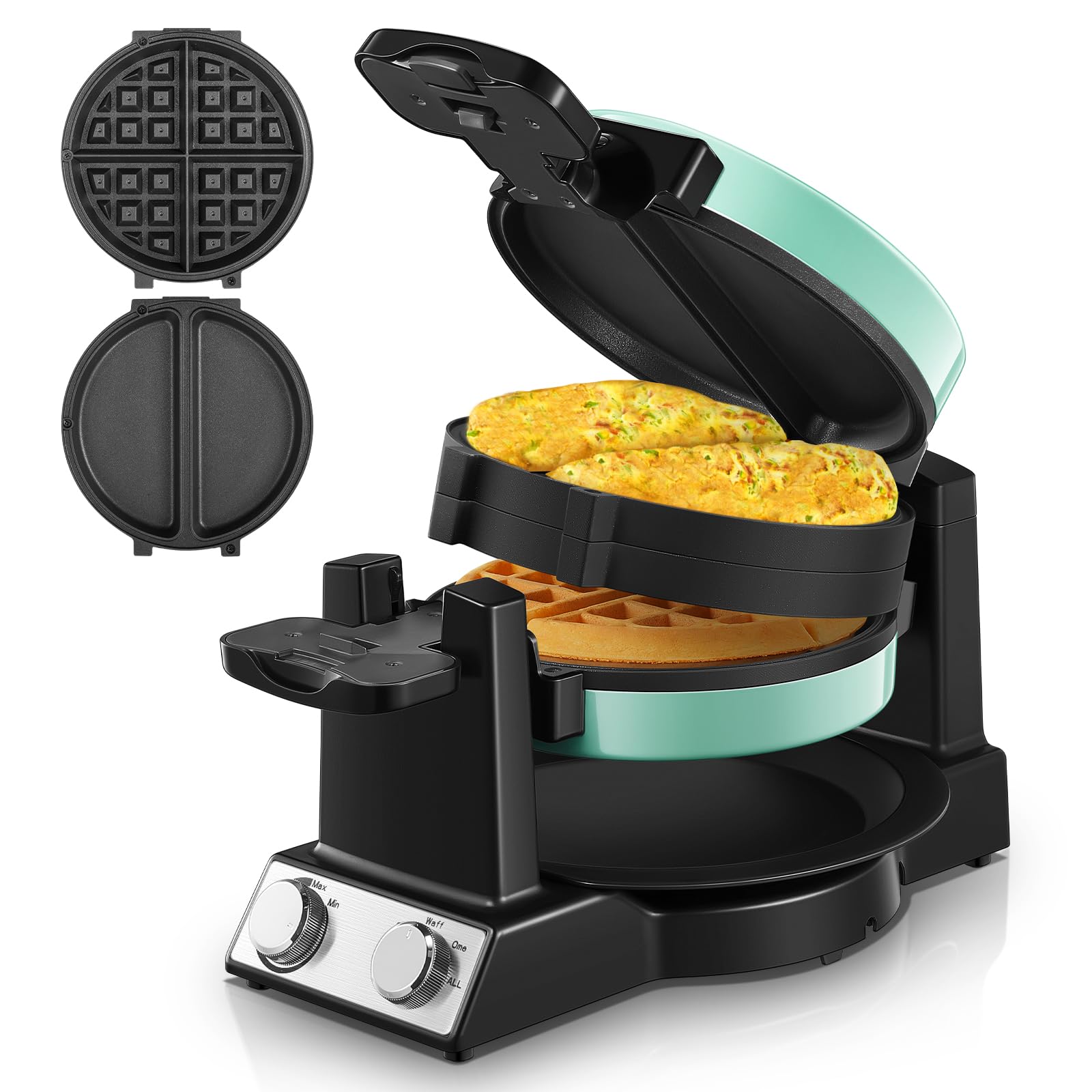 FOHERE 2-in-1 Waffle Maker & Omelette Maker, 1400W Double Belgian Waffle Iron 180° Flip, Adjustable Browning Control, Rotating & Nonstick Pans, Removable Drip Tray, Cool Touch Handle (Mint Green)
