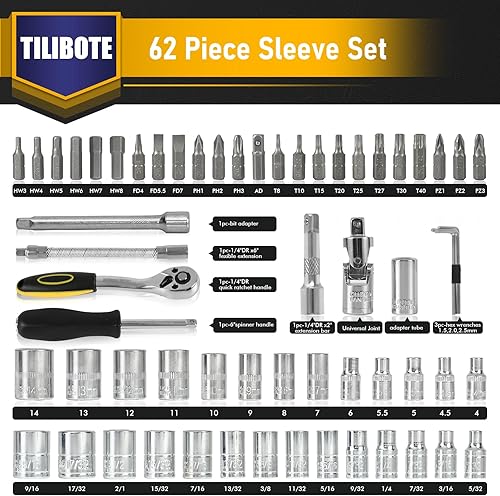 Miniatura 2 de Juego de llaves de casquillo, 62 piezas de llaves de trinquete de 14 pulgadas con trinquete de 72 dientes, SAE y métrico de 532 a 916 pulgadas,