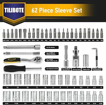 TILIBOTE Socket Wrench Set, 62PCS 1/4 Ratcheting Wrench Set With 72 Tooth count Ratchet, SAE & Metric From 5/32 - 9/16 , 4mm - 14mm,tool Set For home And car,motorcycle,bike Repair