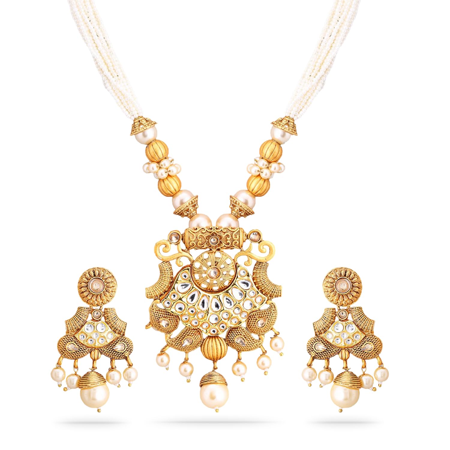 Gold-Plated Pearl & White Stone Studded Necklace Jewellery Set For Women