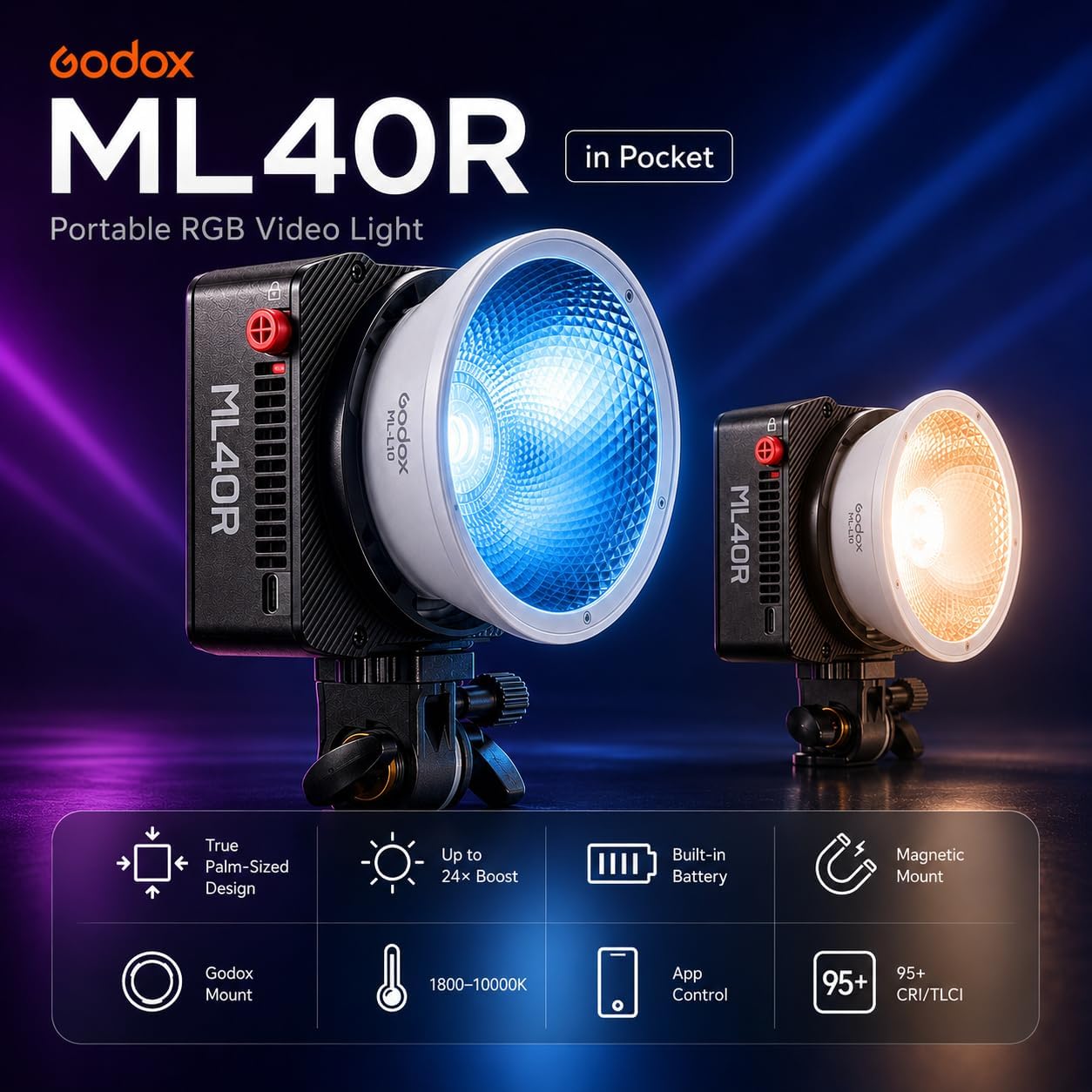 Godox ML40R RGB LED Video Light, Portable COB Photography Light with Built-in Battery, 1800K-10000K Full Color, 14 FX Effects, App Control, Magnetic Mount, ML-L10 Reflector for Vlog Live Streaming