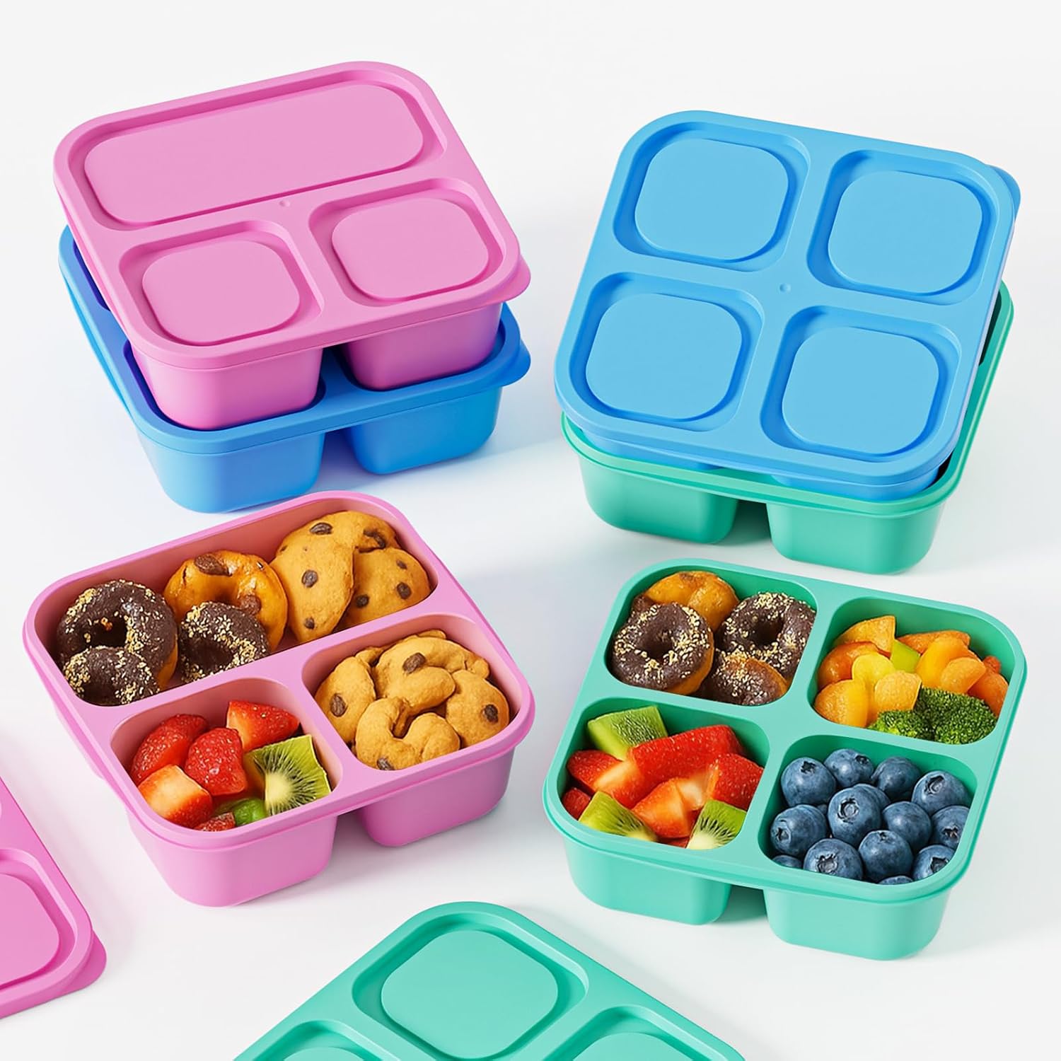 6 Pcs Snack Box Container Set, Reusable 3&4 Compartment Meal Prep Snack Containers for Adults Kids Toddler, BPA-Free Divided Lunchable Container for School, Work and Travel (Multicolor)