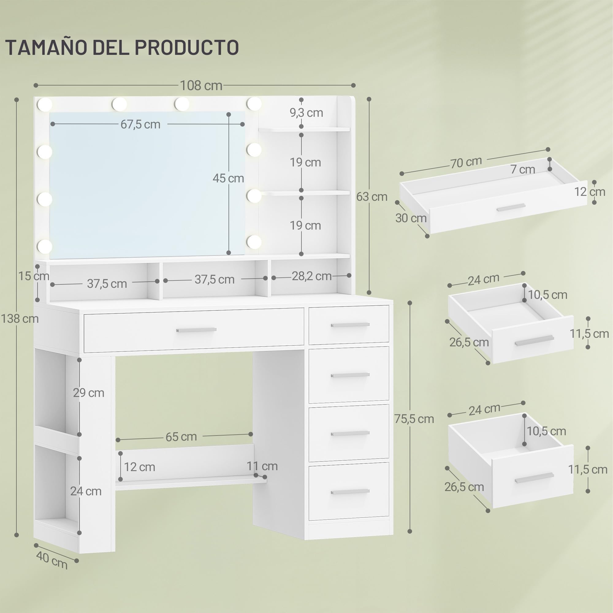 Hzuaneri 108 cm Tocador con Espejo HD Grande, tocador de Maquillaje con luz LED, 6 Compartimentos Abiertos, 5 cajones y Espacio de Almacenamiento Lateral, Blanco DT42603XEU