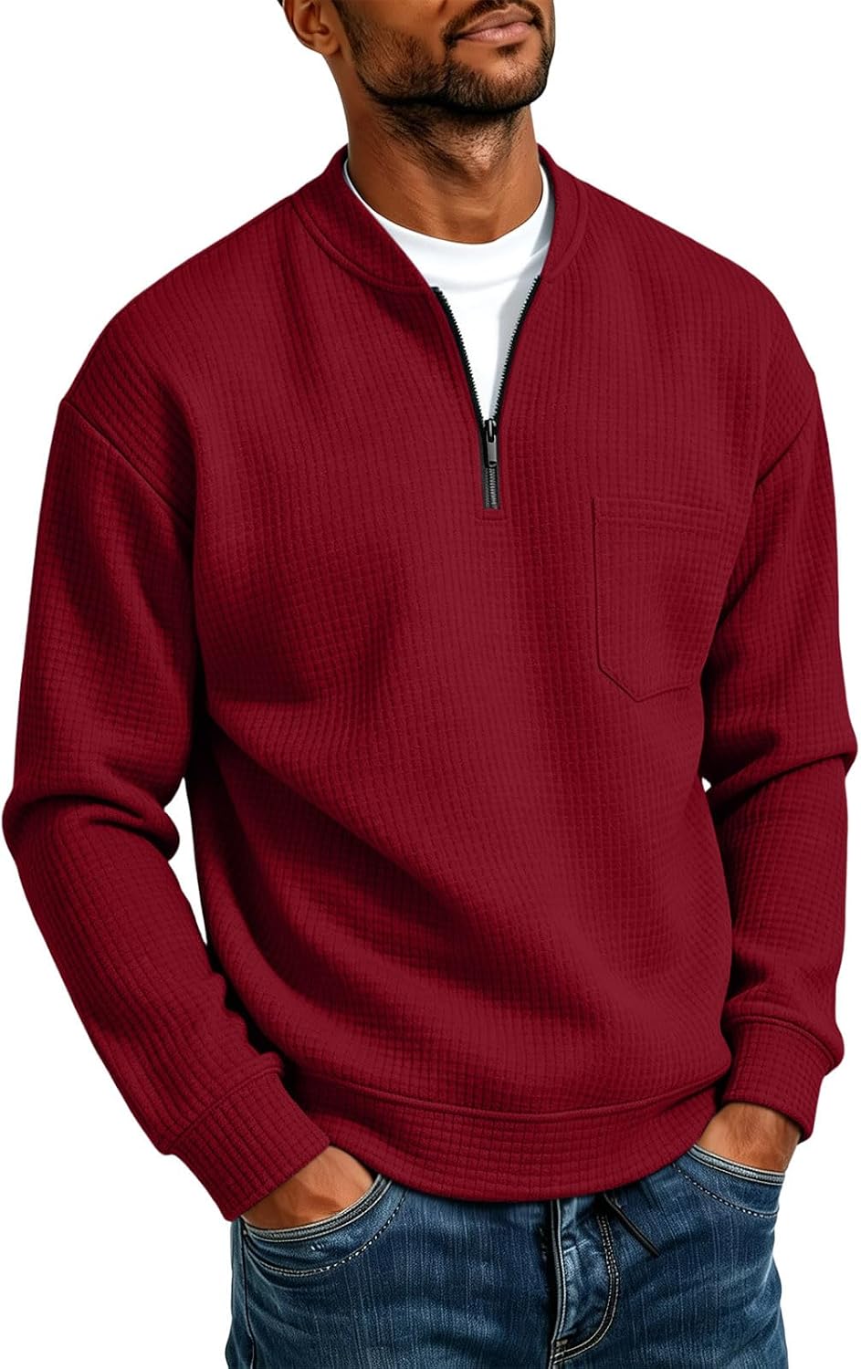 Mens 4/1 Zip Waffle Knit Shirts Long Sleeve Solid Basic Pullover