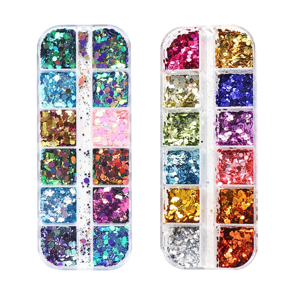2 Boxes Holographic Nail Art Sequins Chunky Nail Glitter Flakes Shapes Mermaid Nail Decals Iridescent Chameleon Nail Glitters Shiny Manicure Decorations Eye Makeup Sequins Festival Face Glitter