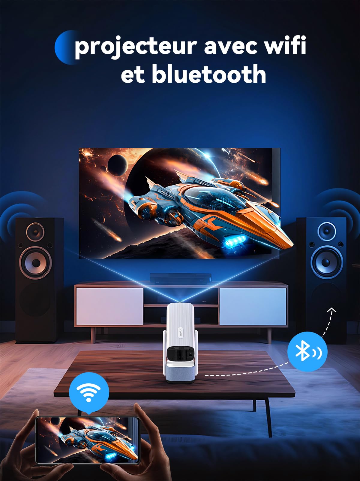 SOOMFON Mini Proiettore Portatile con WiFi e Bluetooth - Video Proiettore Soffitto Supporto 1080P per Smartphone Messa a Fuoco Elettronica Auto Keystone con USB/HDMI/TV Stick/iPhone/Android