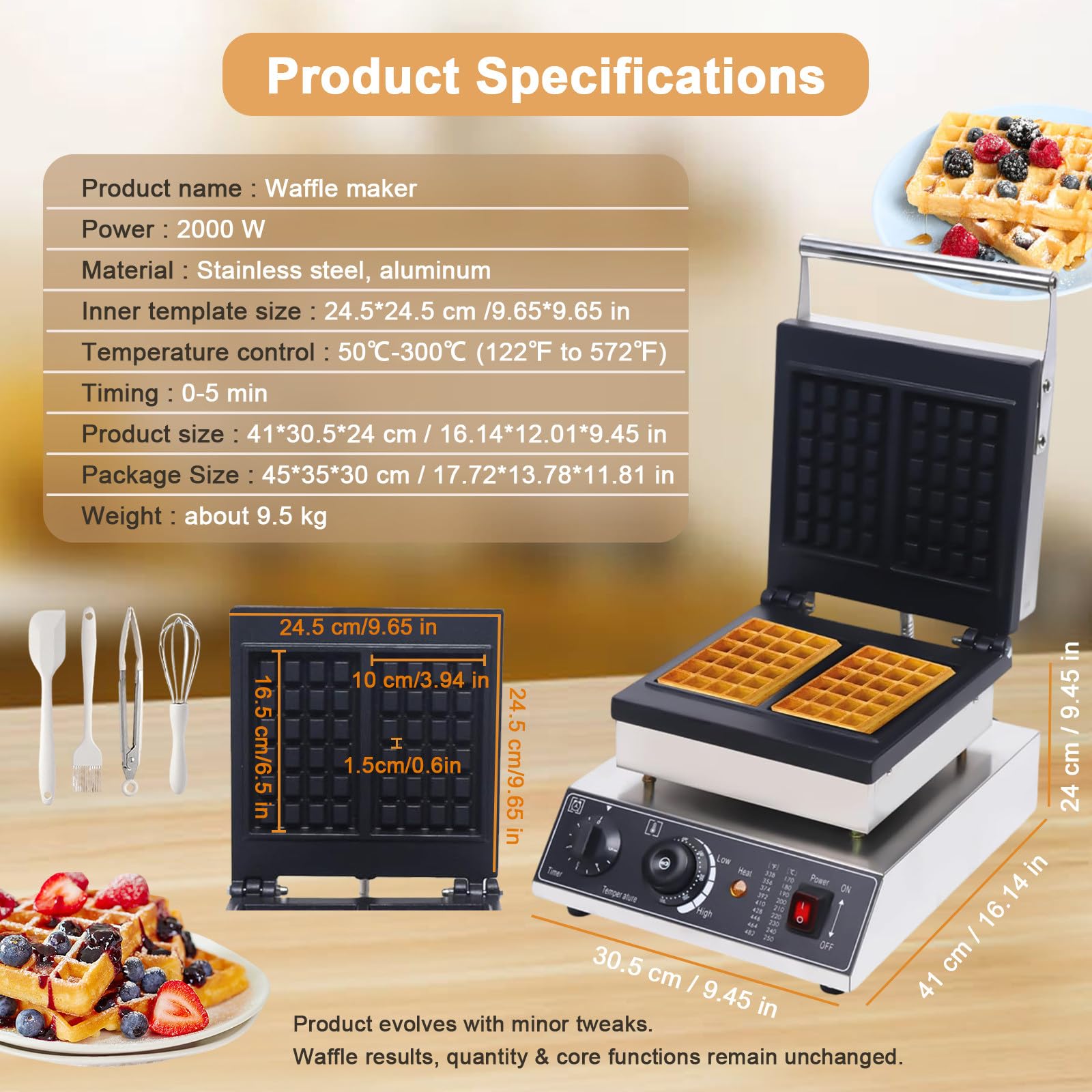 Waflera De Acero Inoxidable De Alta Resistencia | Placas De Calentamiento Dobles Comerciales con Control Giratorio | Ideal para Catering, Hoteles, Desayunos Y Postres Caseros,2-Slice