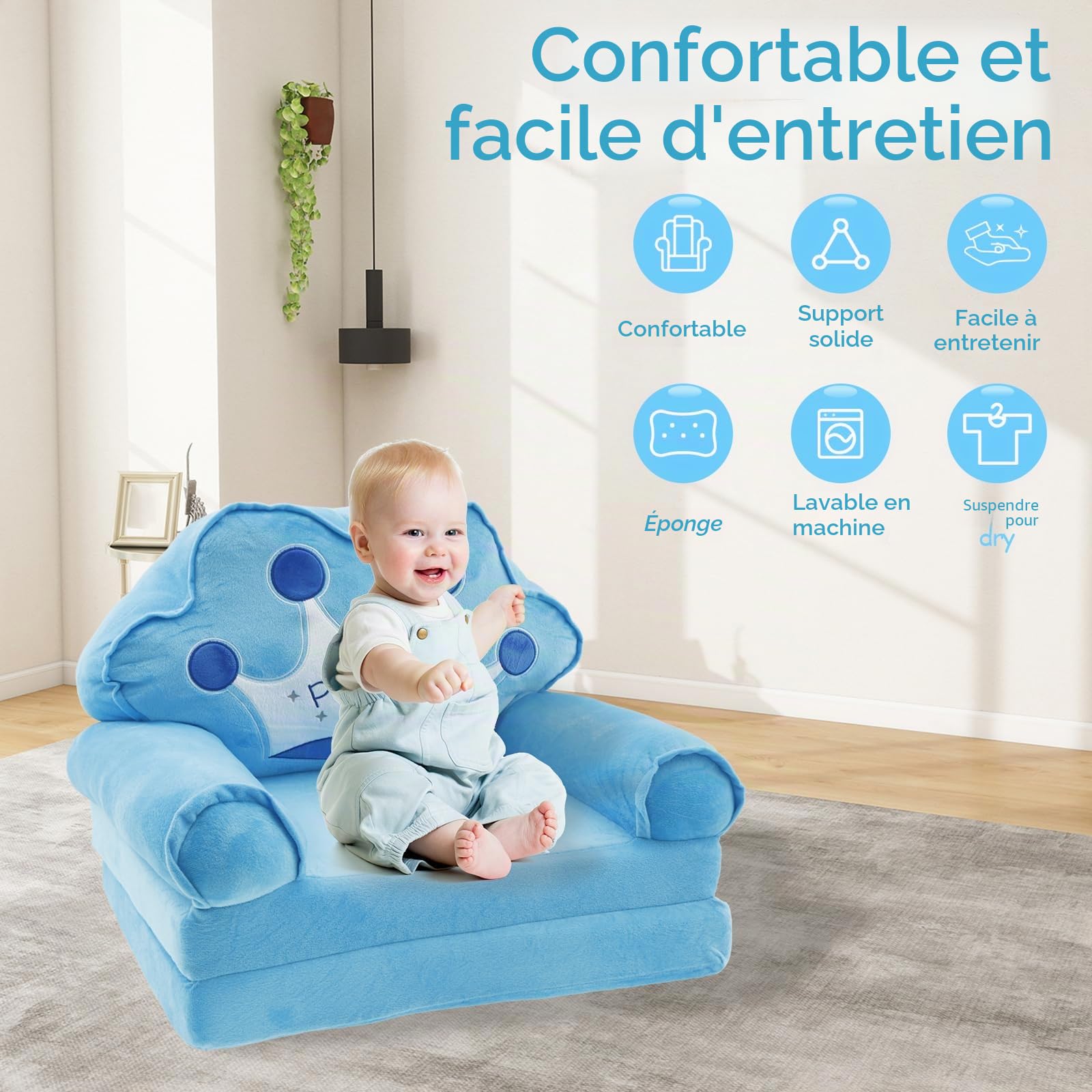 Canapé pour Enfants, Chaise pour Petits Enfants 2-en-1 avec Poignée, 80×50 cm, Fauteuil de Salon Pliable pour Bébé, Canapé de Jeu Transformable en Chaise Longue pour Filles et Garçons de 1 à 4 Ans