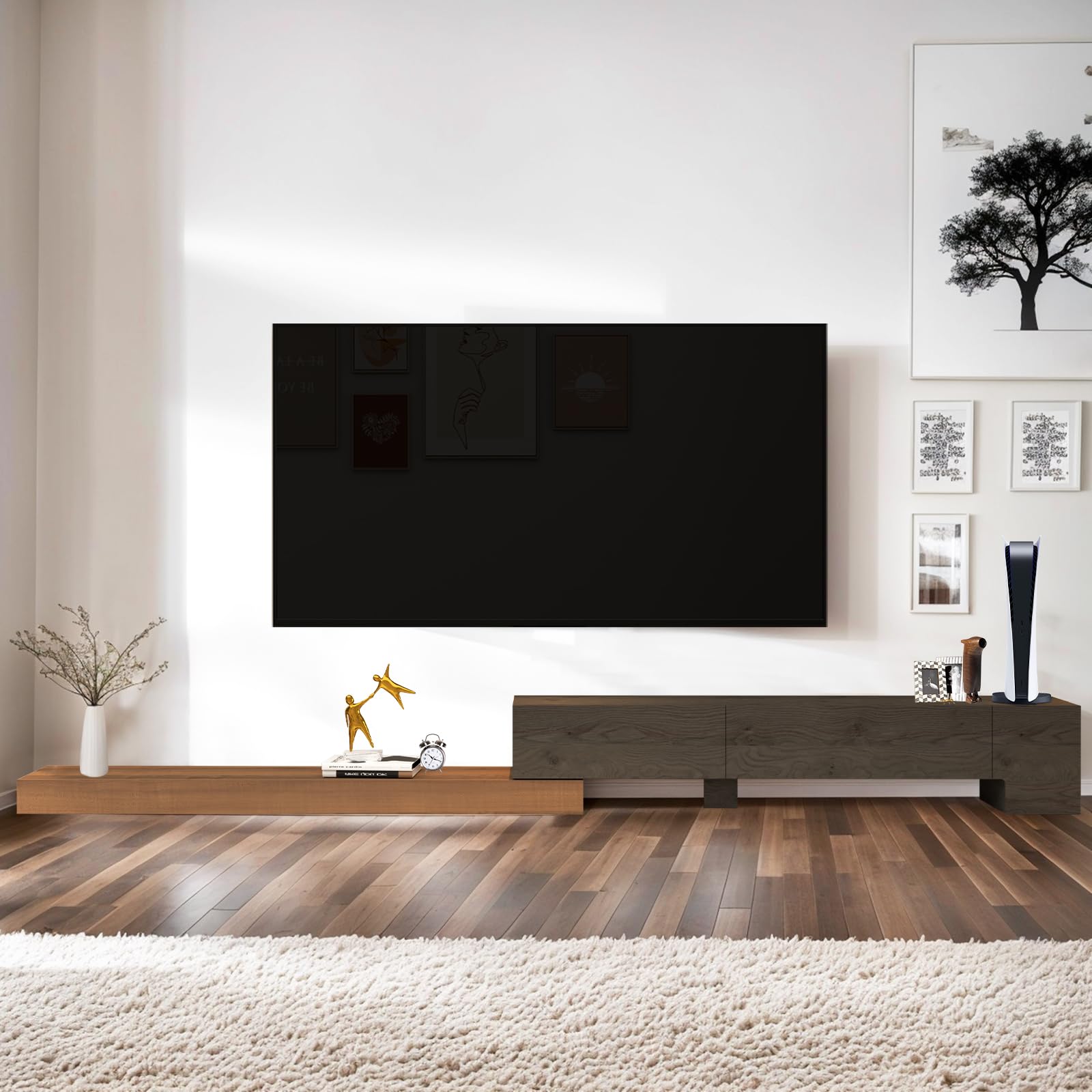 Retractable TV Stand, Solid Wood Minimalist TV Shelf, Mid-Century TV Console with 1 Door & 2 Drawers, Adjustable 71'' to 122'' Entertainment Media Console Center Large Storage Under TV