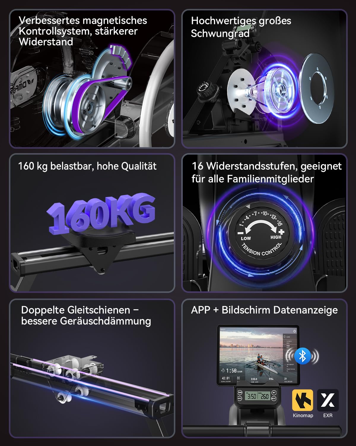DMASUN Rudergerät für Zuhause, Magnetisches Rudergerät mit Upgrade Doppel-Slide-Rails, APP-Verbindung, 16 Widerstandsstufen, LCD-Datenanzeige, ideal für Cardio-Training, Belastbar bis 160kg