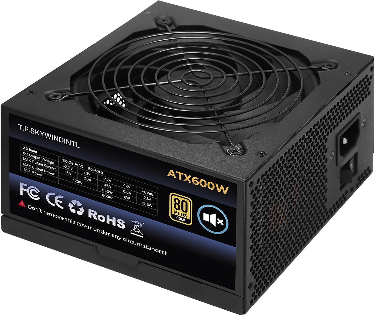 Fuente de alimentación de 600 W 80 Plus Gold Gaming PSU Factor de forma ATX no modular | Ventilador FDB de 125 mm ultrasilencioso | Entrada de conmutación automática PFC activa de 100-240 V | Compatible con compilaciones de servidores y PC de escritorio‌