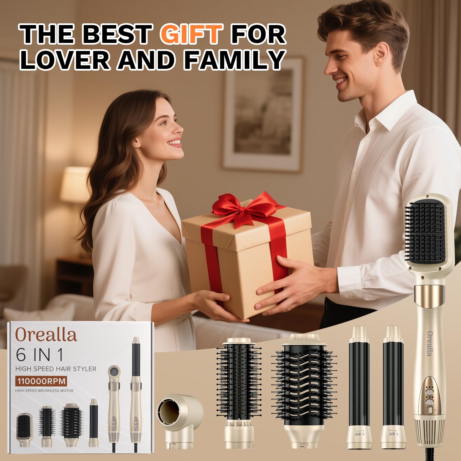 6 in 1 Asciugacapelli Air Styler, 110,000GIRI/MIN Spazzola Rotante per Capelli con Tecnologia Ionica, Spazzole Rivestite in Ceramica per Styling Liscio, Onde, Volumizzante, con Borsa da Viaggio