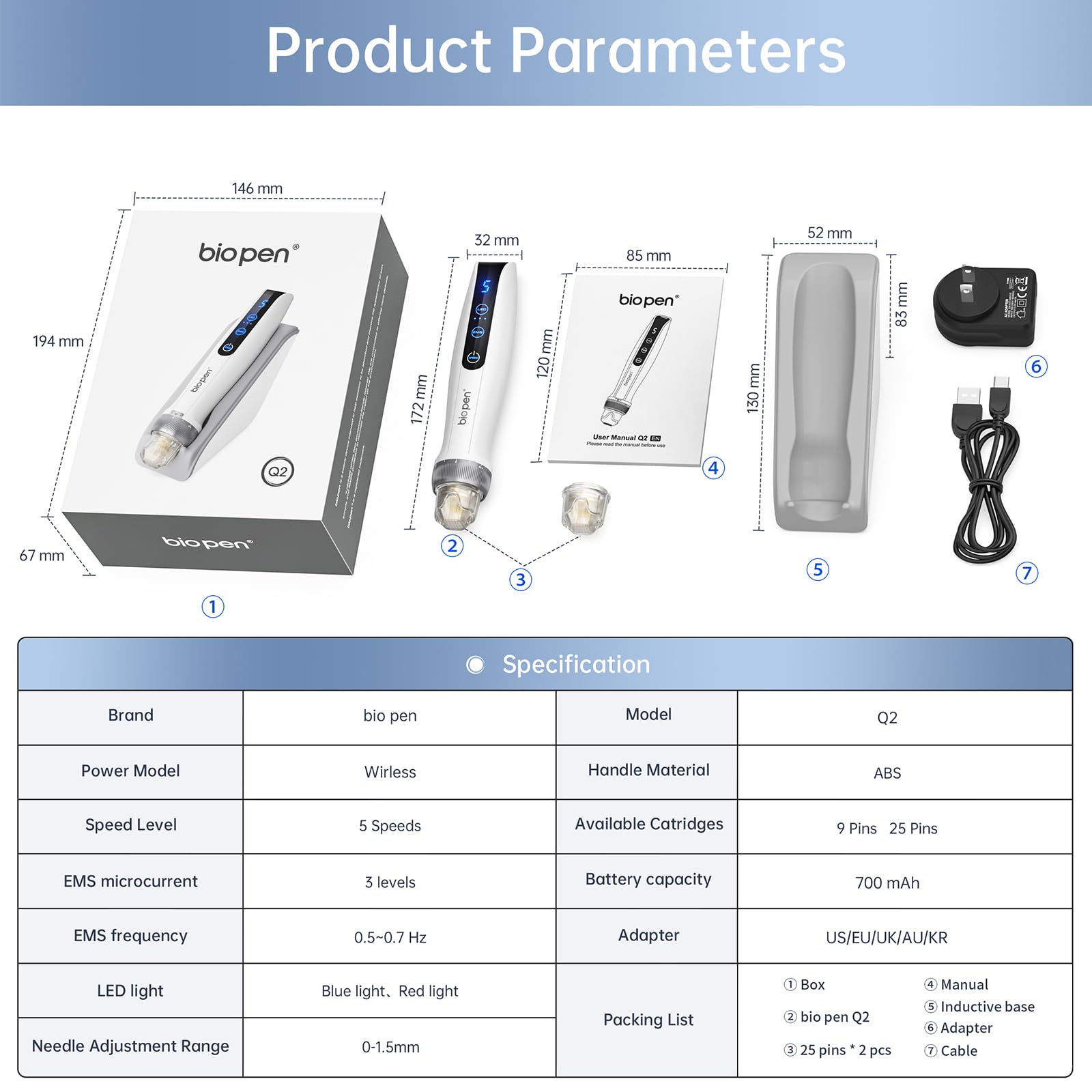 Microneedling Bio Pen Q2 Profesional, Herramienta de Belleza Todo en Uno con Microagujas, EMS y Terapia LED, Microneedle Eléctrico Inalámbrico con Pantalla Táctil, Incluye 5 Puntas de Repuesto