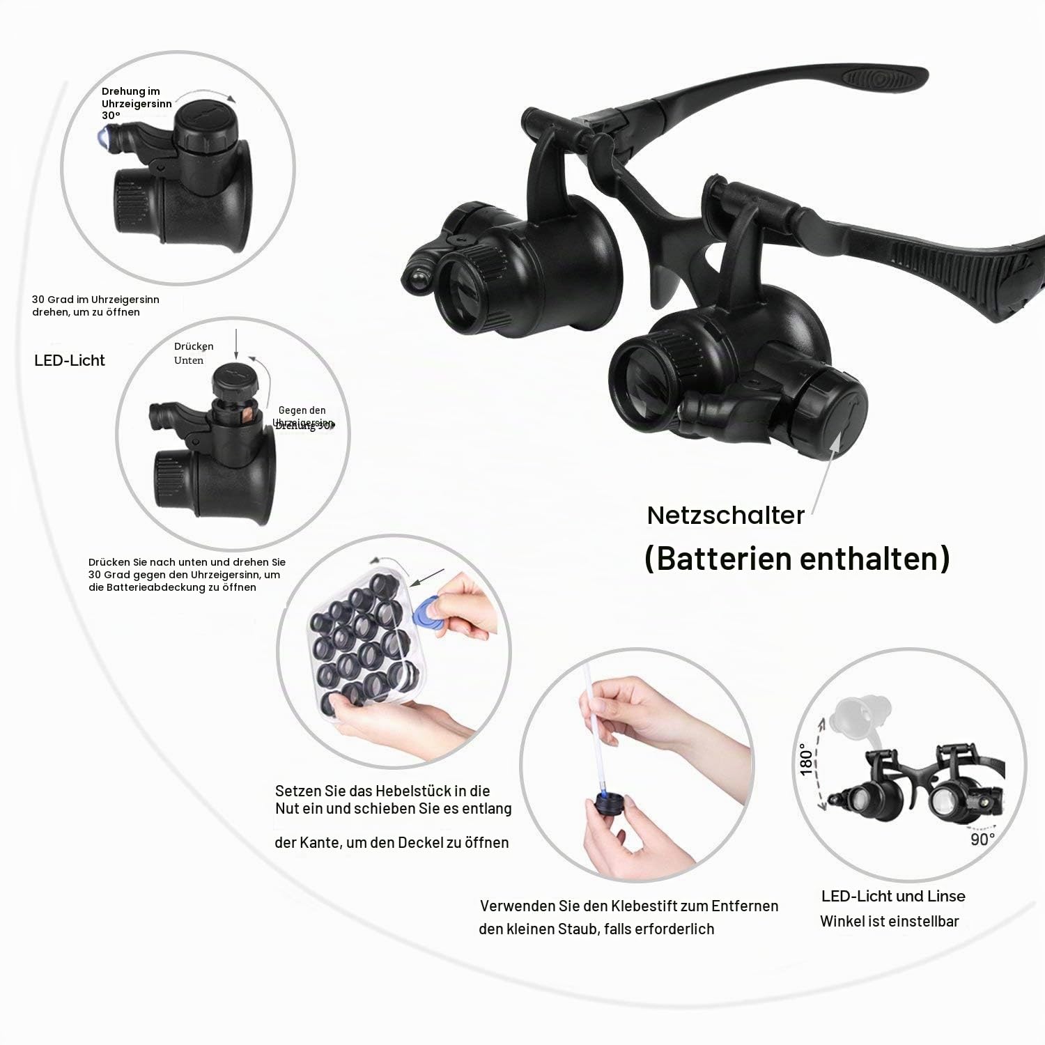 Lupenbrille Kopfband Lupen mit Licht für Juwelieruhr Uhrmacher Reparatur und Bastler - 8 Paar austauschbare Linsen: 2,5x/4x/6x/8x/10x/15x/20x/25x