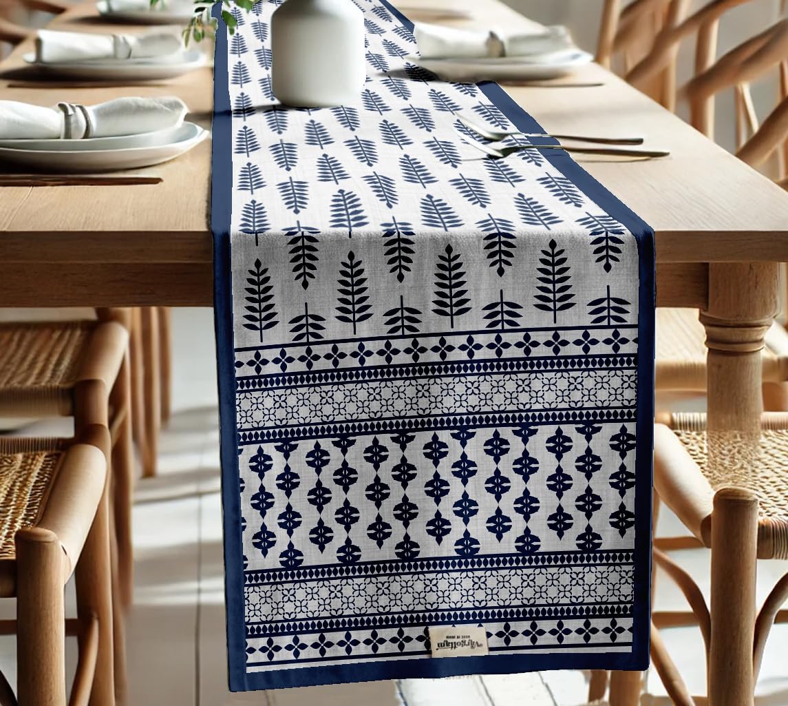 Leaves Design Cotton Table Runner by Vargottam - Double Layer with Border - Washable Runner - Decorative Table Linen for Dining & Everyday Use