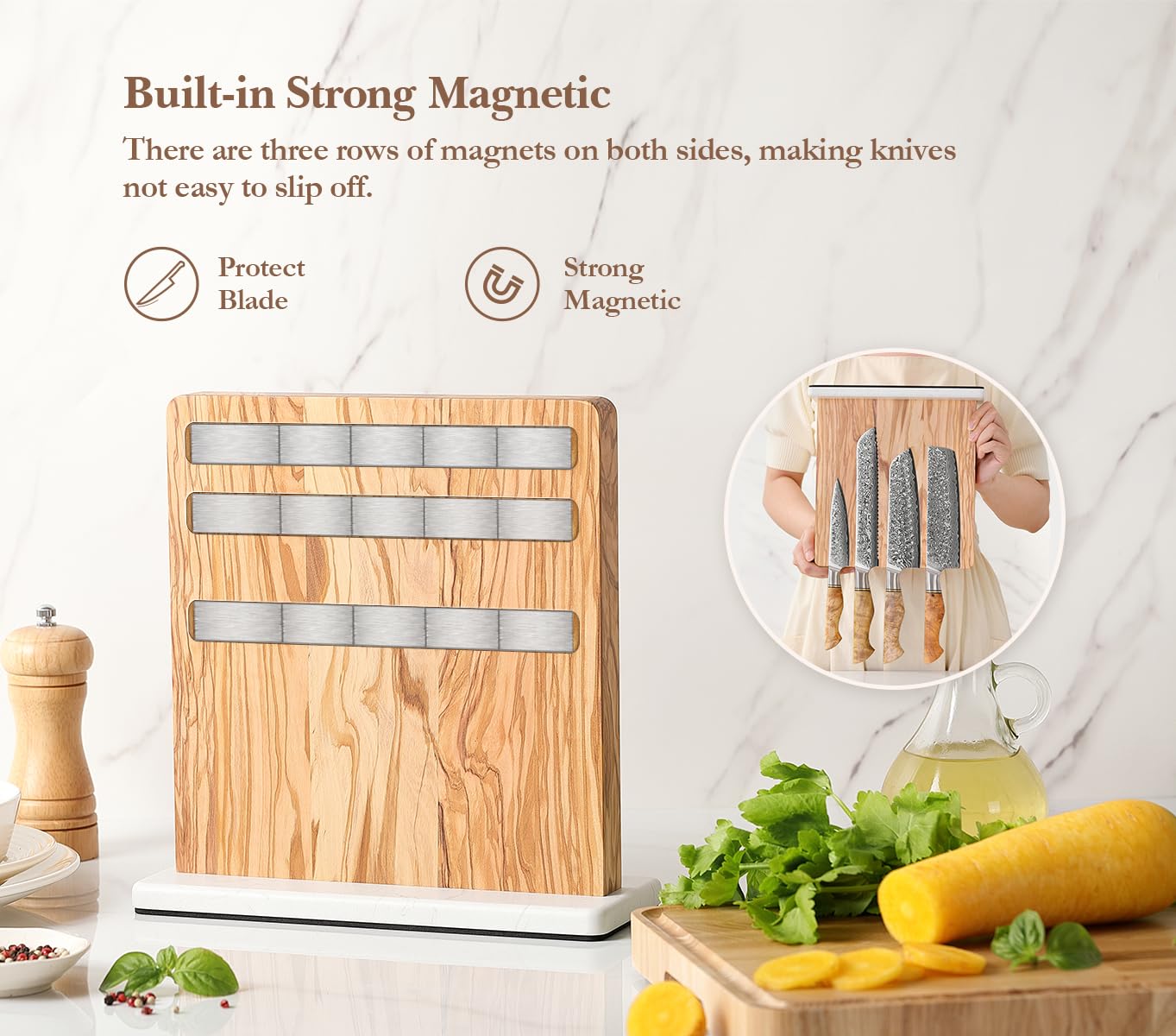 HEZHEN Juegos de Cuchillos de Cocina, Set Cuchillo de Cocina Profesional con Soporte para Cuchillos Magnético Doble Cara, Bloque de Cuchillos de Madera de Olivo