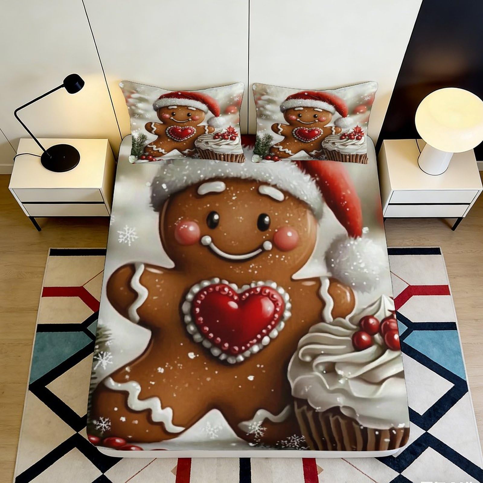 3D Printed Gingerbread Man Fitted Sheet Microfiber Soft Christmas Cupcake Bed Cover for Bedroom Dorm Decor 90x200x25cm