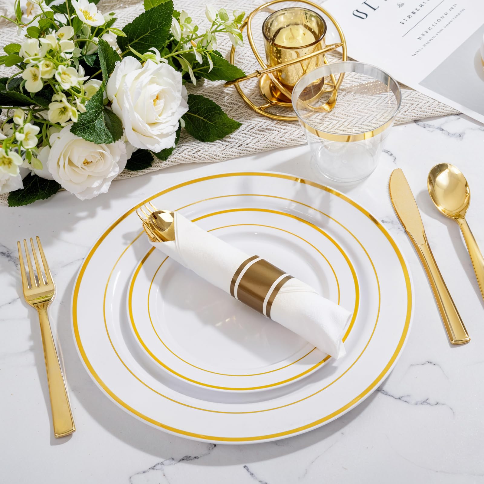 WELLIFE 350-Piece Gold Disposable Plates and Cutlery Set - Premium 10.25" Dinner Plates, 7.5" Dessert Plates, 9oz Cups & Cutlery for Weddings, Catering Events - 50 Guest Service - Elegant & Sturdy