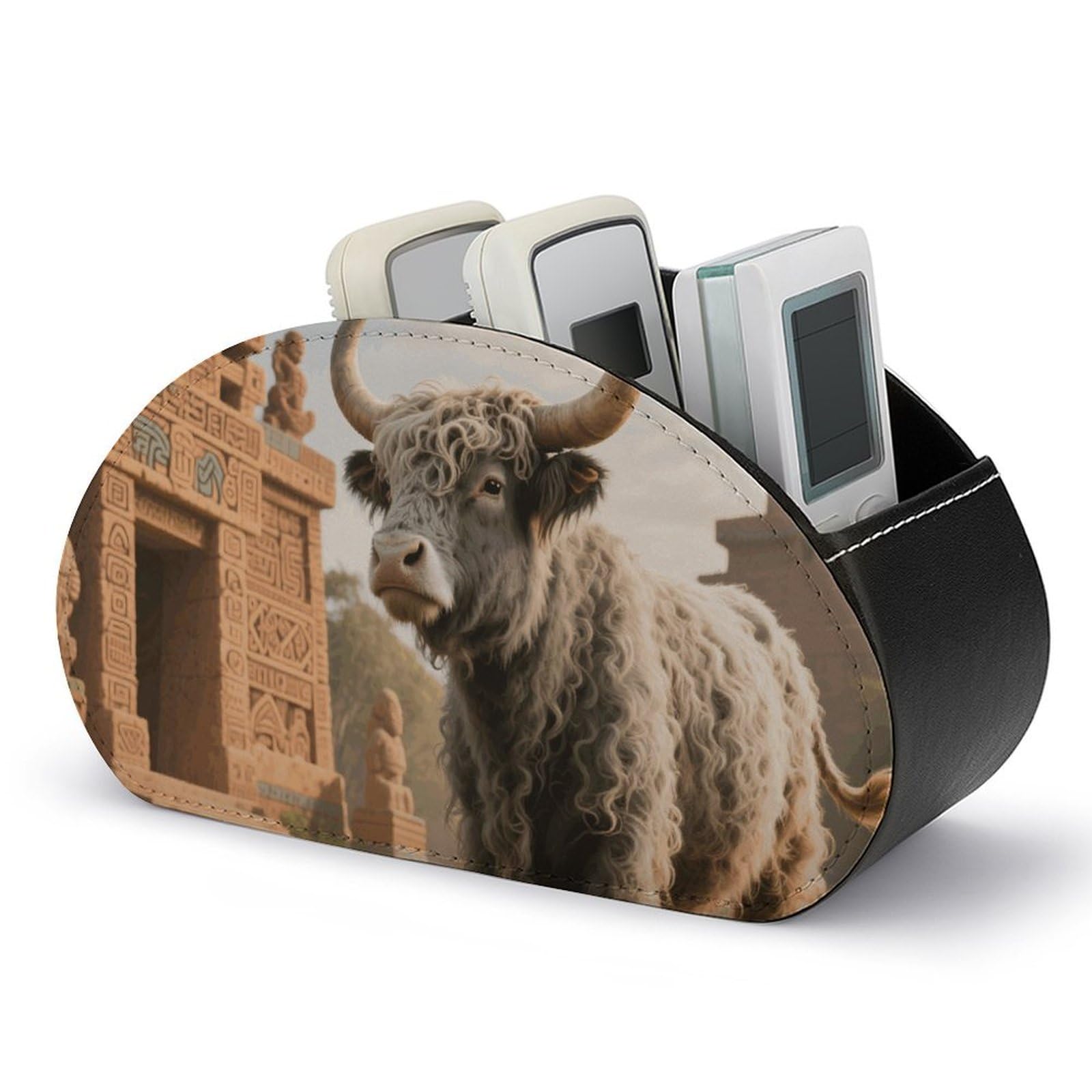 DWVTSLH Cow Sunflower Aztec Remote Control Holder with 5 Compartments - PU Leather TV Remote Holder Remote Caddy Desktop Organizer Makeup Brush Holder, Remote Storage Box for Home Office