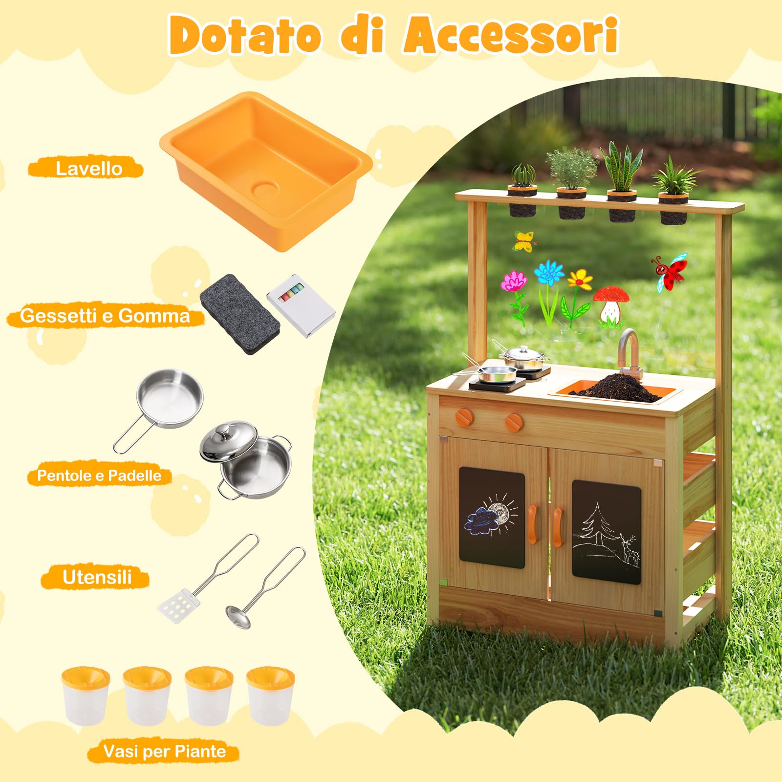 COSTWAY Cucina Giocattolo per Giardino con Lavagna Acrilica per Dipingere, Cucina in Legno di Abete per Bambini con 4 Vasi da Giardinaggio, Set Cucina con Accessori, 68 x 34 x 93 cm
