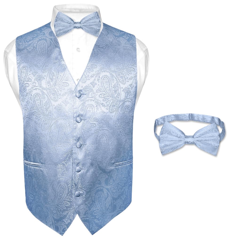 Mens Dress Vest Bow Tie Set Paisley Design BABY BLUE Bowtie Solid Color 6XL